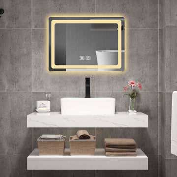 27 In. H Led Single Bathroom Vanity Mirror In Polished Crystal Bathroom Vanity Led Mirror For Bathroom Wall Smart Lighted Vanity Mirrors Natural Glass