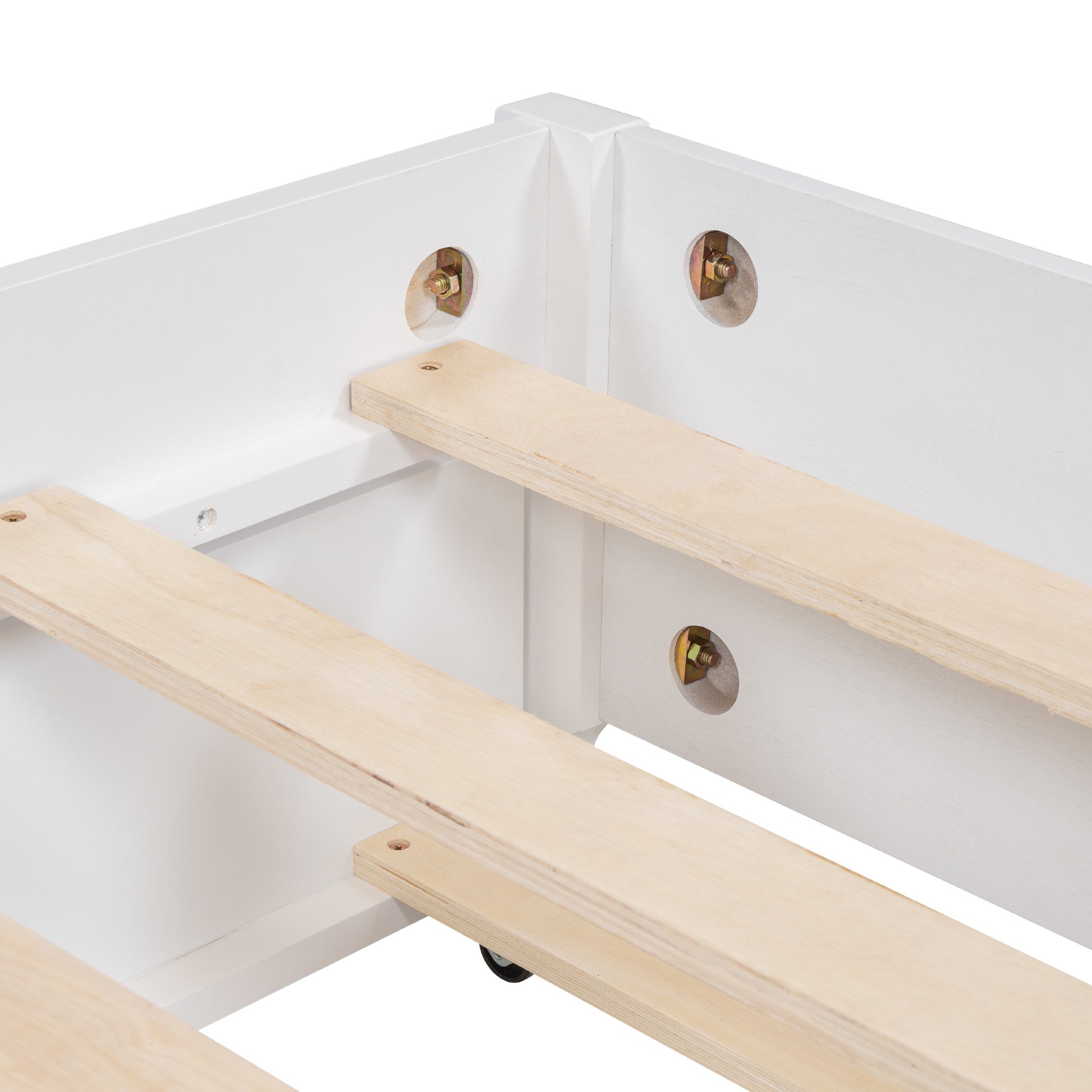 Queen Size Wooden Storage Platform Bed, With 2 Big Drawers, T Size Trundle, White Queen White Plywood