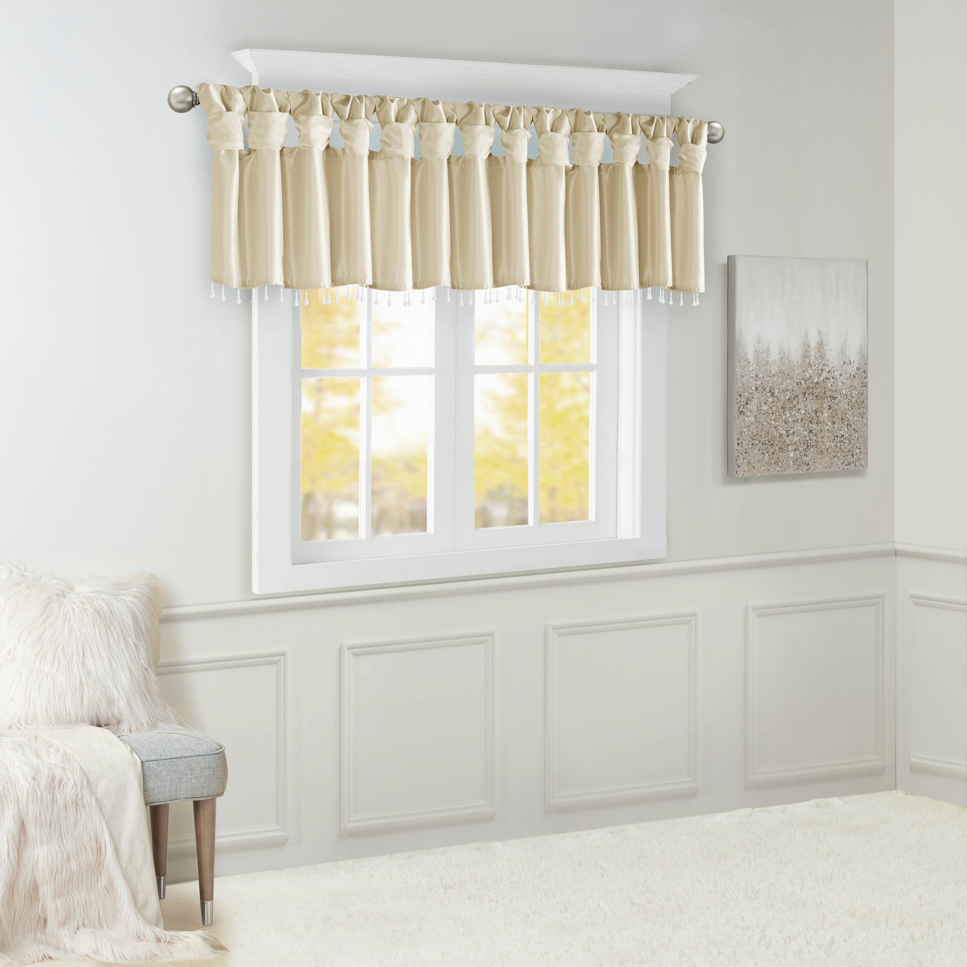 Lightweight Faux Silk Valance With Beads Champagne 50X26" Champagne Microfiber