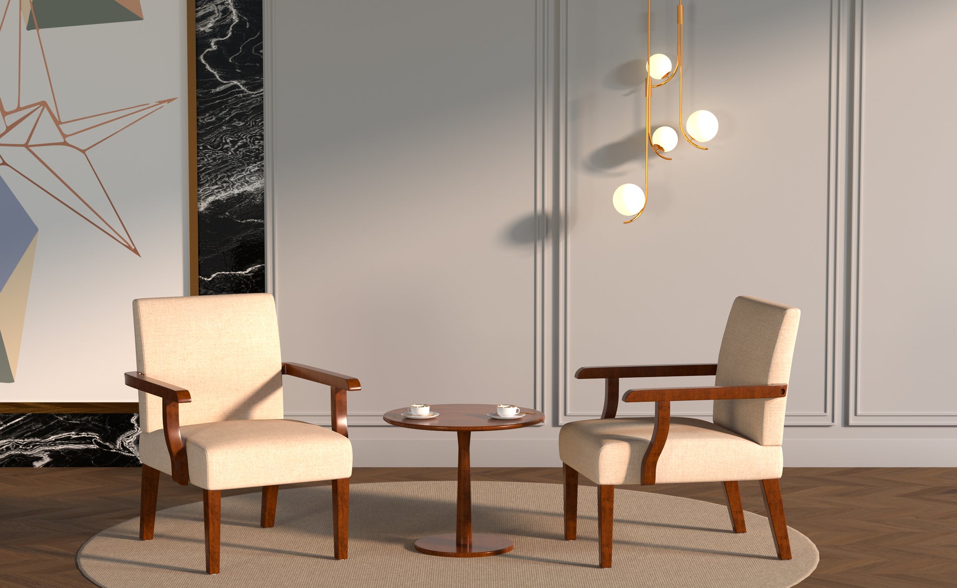 Fabric Accent Arm Chair Set Of 2 With Round Wood Table Beige Fabric