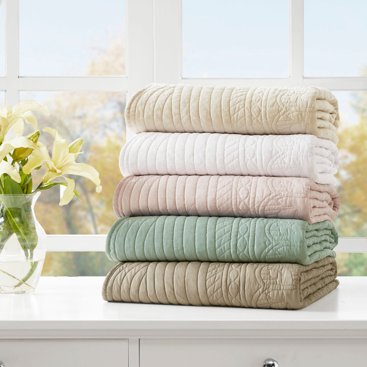 Oversized Quilted Throw With Soped Edges Cream 60X72" Cream Cotton