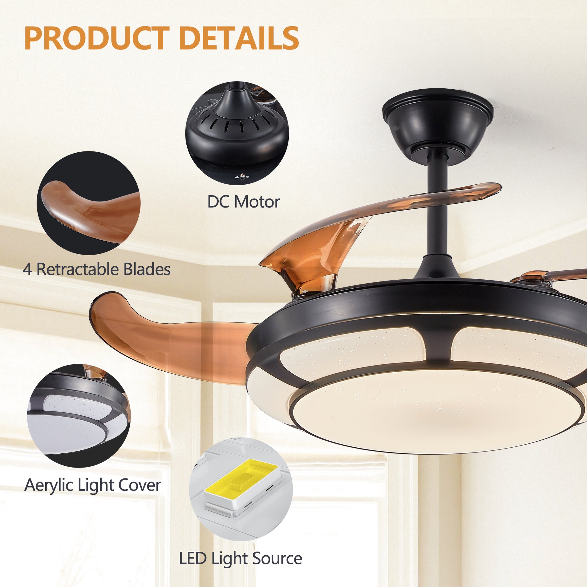 Modern Minimalist Invisible Ceiling Fan Light Retractable Fan With Led Fixtures For Living Room, Bedroom And Dining Room Black Acrylic Iron