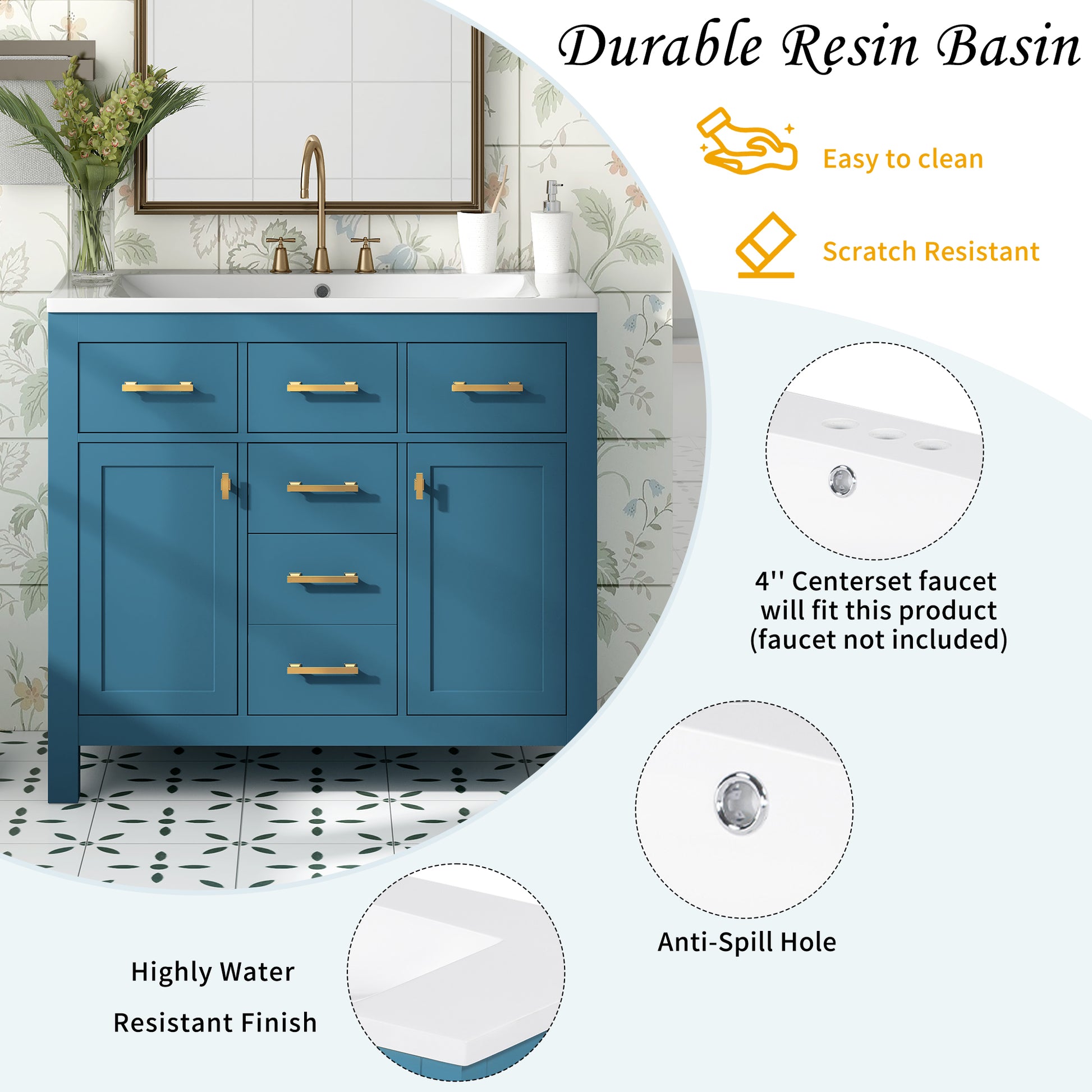 36'' Bathroon Vanity With Resin Sink Combo Set,Modern Freestanding Single Bathroom Cabinet With 4 Drawers & 2 Cabinets,Storage Cabinet For Bathroom, Solid Wood Frame Vanity Set Same As Sw000130Aac