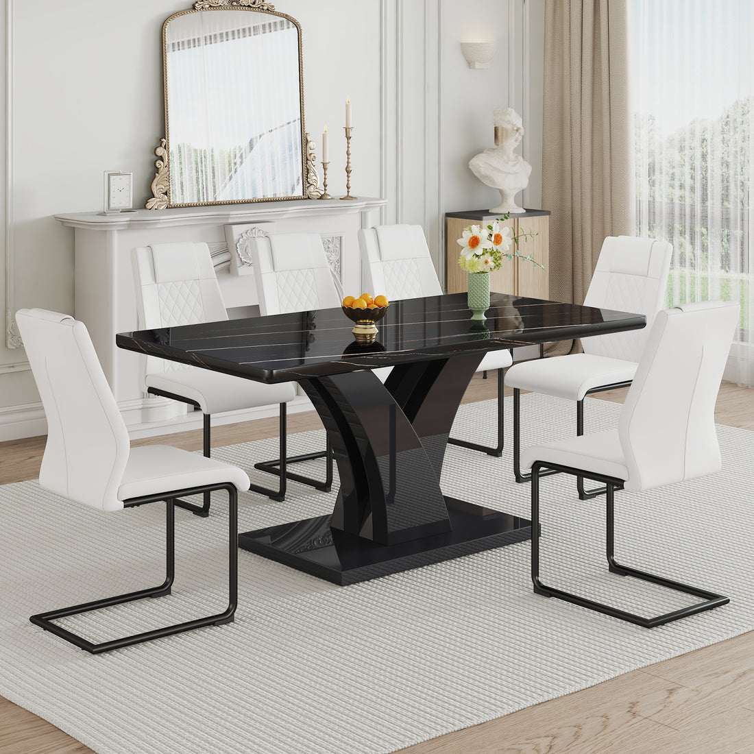 Table And Chair Set, Modern Dining Table, Black Tabletop And Black Mdf Leg Table, Soft And Comfortable Dining Chair, Perfect For Dinner, Meetings, Home And Office Decor White Black Mdf