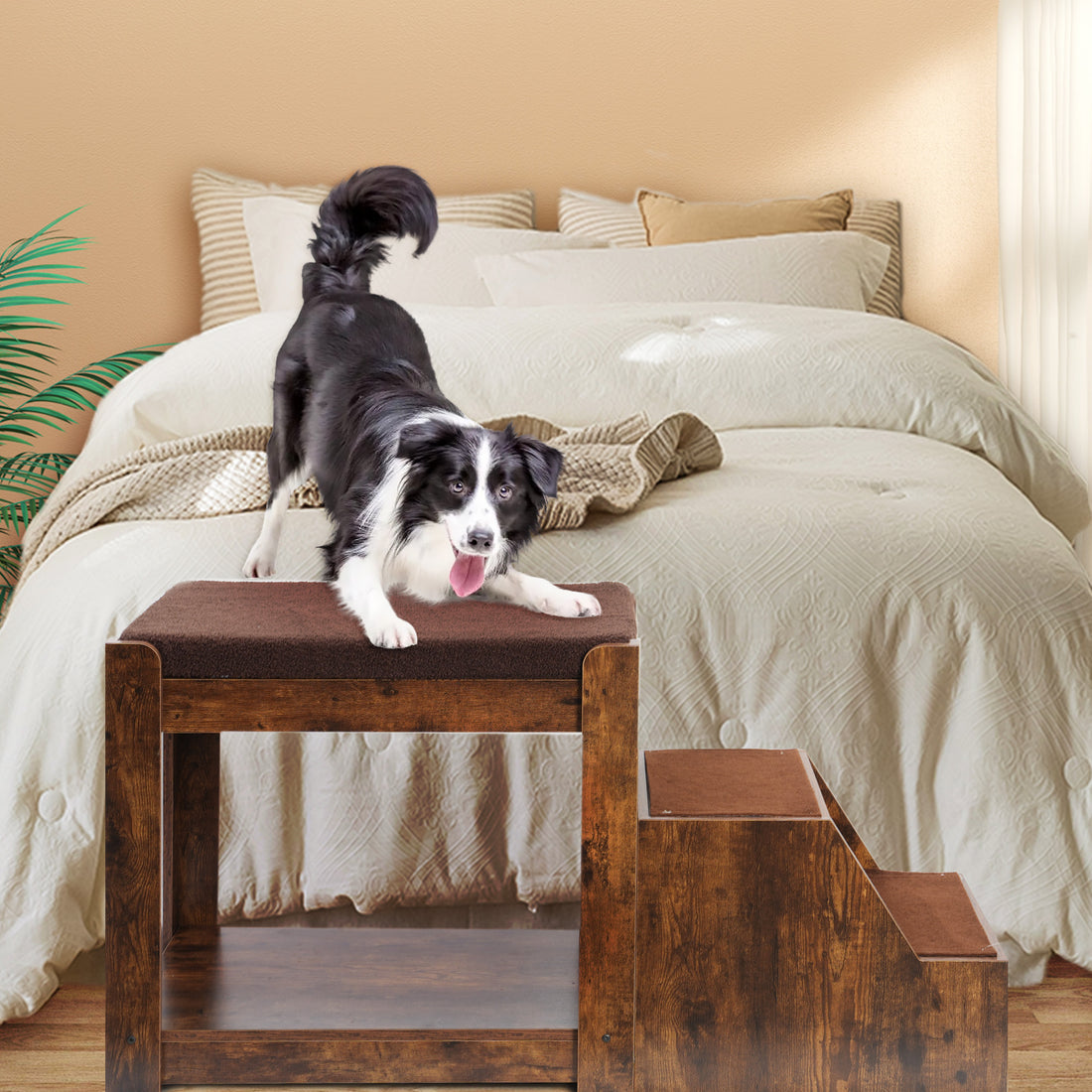 Pet Bunk Bed With Removable Step For Dogs And Cats, Multi Level Bed Window Perch Seat Platform With Cushion And Cat Scratch Pad, Indoor Use Vintage American Design Particle Board