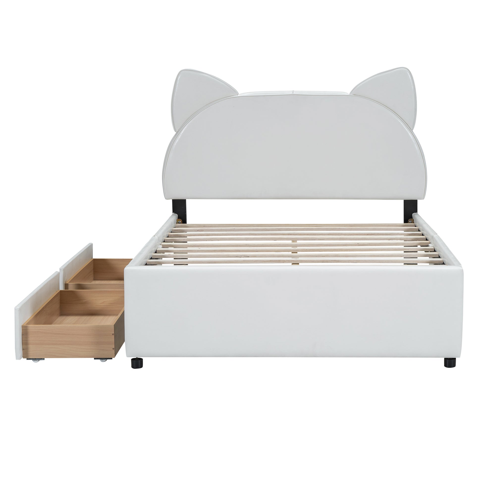 Full Size Upholstered Platform Bed With Cartoon Ears Shaped Headboard And 2 Drawers, White Box Spring Not Required Full White Wood Bedroom Bed Frame Faux Leather Upholstered