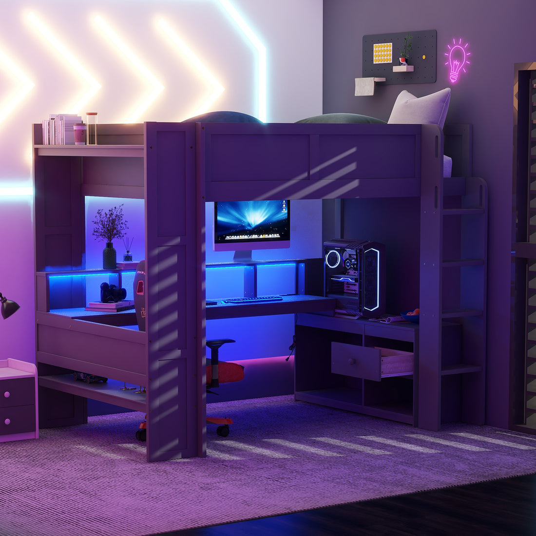 Wood Full Size Gaming Loft Bed With Desk, Multi Storage Shelves, Led And Charging Station, Dark Gray Box Spring Not Required Full Dark Gray Wood Bedroom Bed Frame Solid Wood Mdf