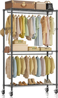 Rolling Clothes Rack, Heavy Duty Clothing Rack, 3 Shelf Portable Adjustable Wardrobe Closet With Wheels, Hanging Rods & Side Hooks, 43.3