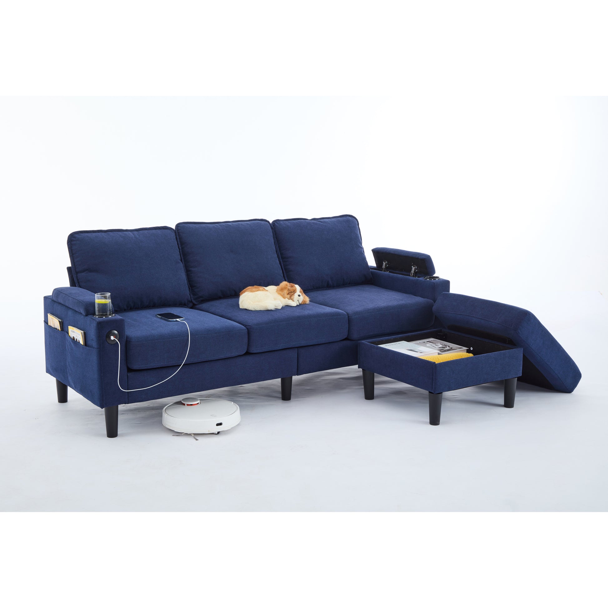 Blue Color Knock Down 3 Seat Combo Sofa With Storage Ottoman For Living Room Apartment Bedroom And Compact Room,Room, Upholstered Sectional Couch, L Shaped Bench With A Footrest, A Individual Stool White Wood Primary Living Space Heavy Duty Pine 3 Seat