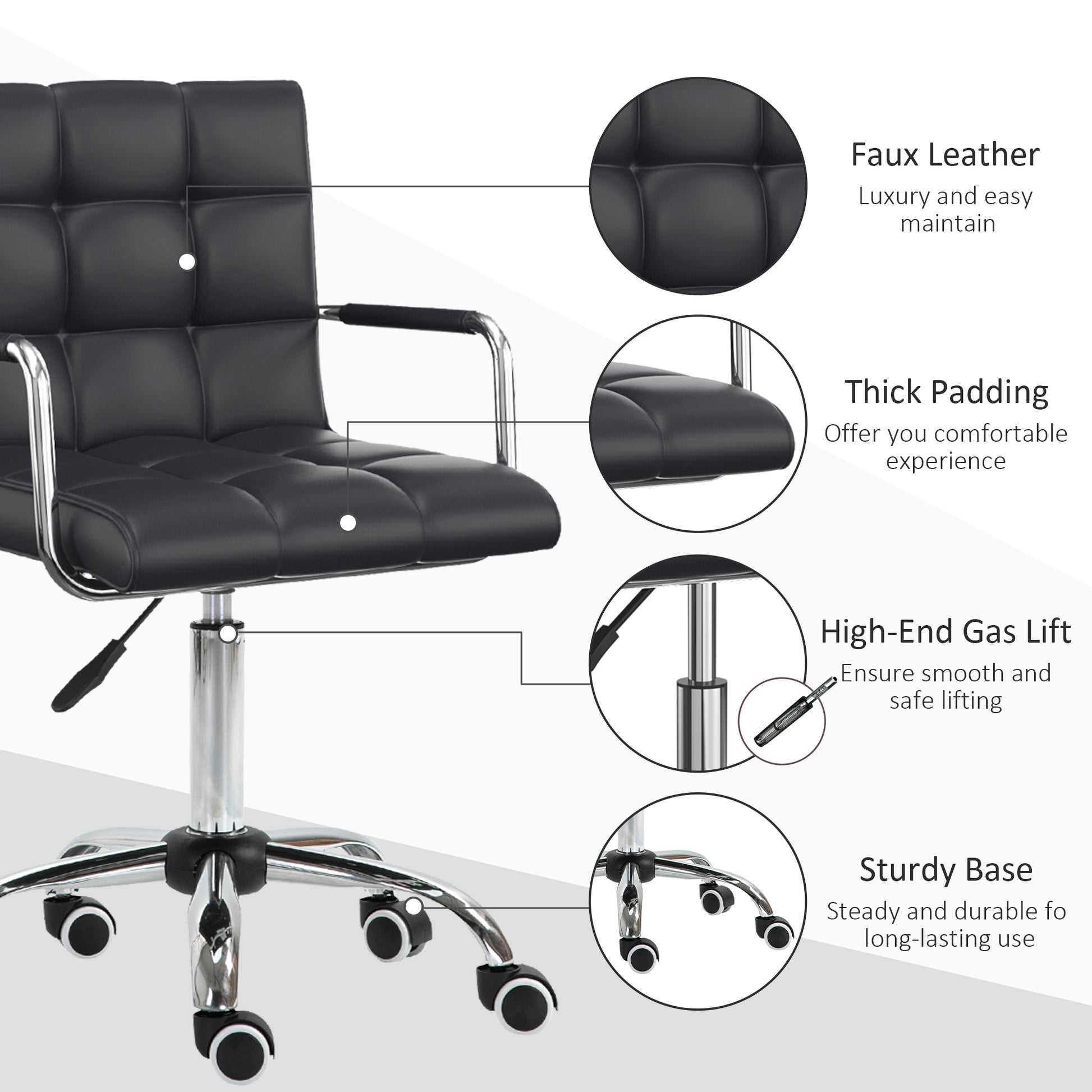 Homcom Home Office Chair, Modern Computer Desk Chair, Task Chair With Upholstered Pu Leather, Adjustable Height, Swivel Wheels, Black Black Faux Leather