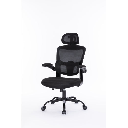 Ergonomic Mesh Office Chair With 3D Adjustable Lumbar Support, High Back Desk Chair With Flip Up Arms, Executive Computer Chair Home Office Task Swivel Rolling Chairs For Adults Cushion Metal Solid Black Office Sponge Dry Clean Round Handle Office Chairs