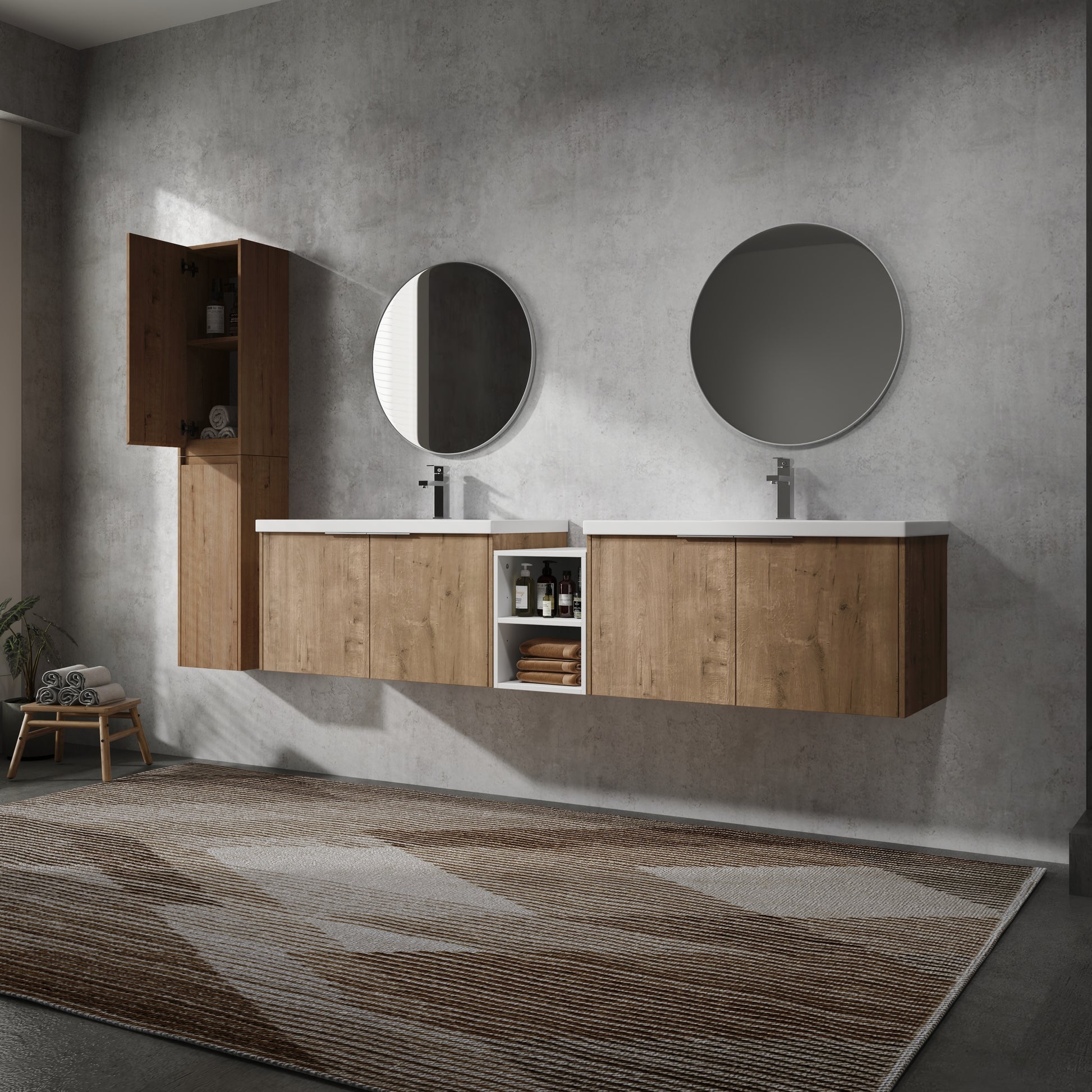 84" Wall Mounted Bathroom Vanity With Sink And Side Cabinet, Soft Close Doors,00112Imo 00636Imox2 0612Gwh Combination Cabinet Kd Packing Imitative Oak Bathroom Modern Plywood Plywood