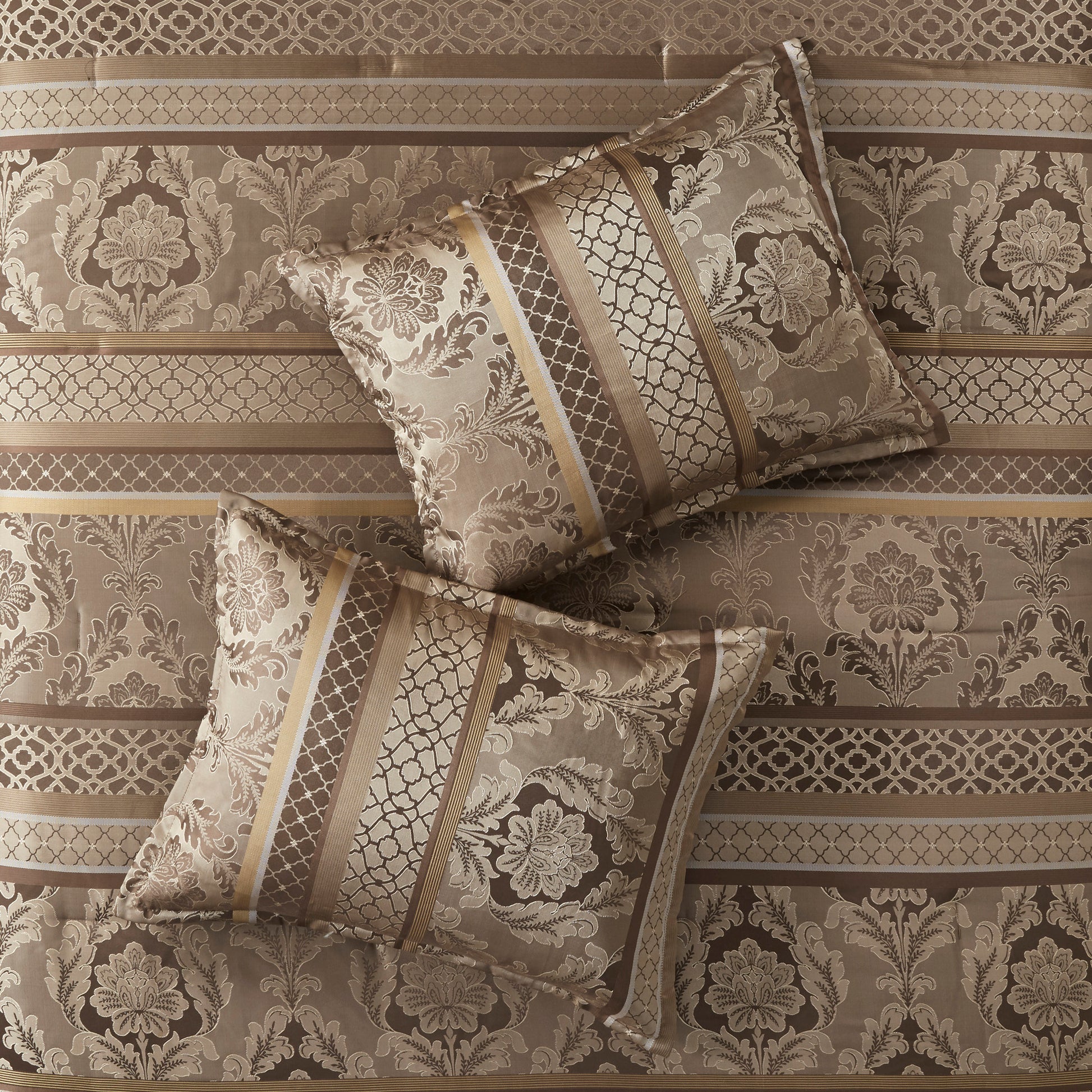 7 Piece Jacquard Comforter Set Brown Gold King King Brown Gold Polyester