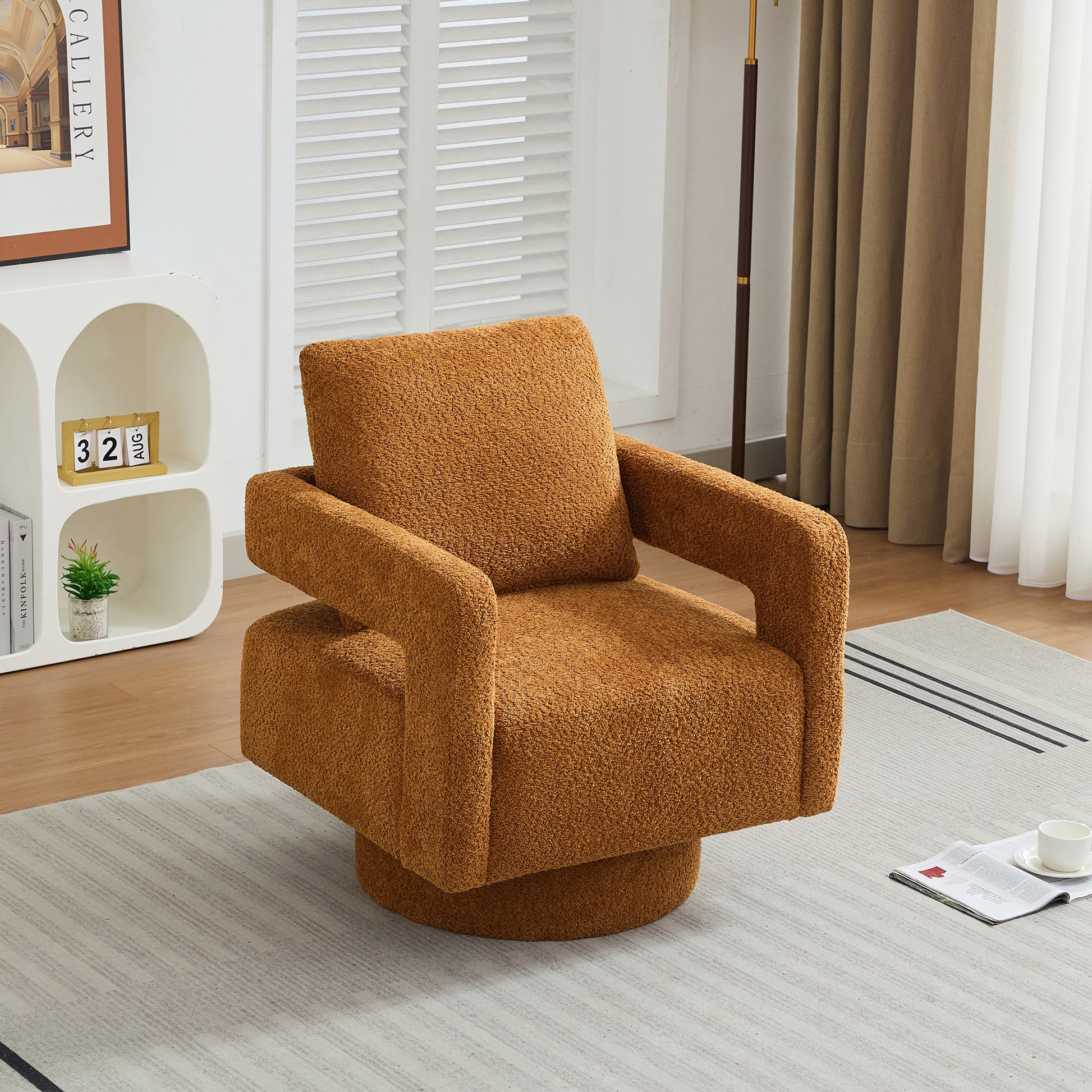 29.13" W Square Swivel Accent Chair, Modern Rotating Arm Chair With Open Back,360 Degree Rotation, Lounge Club Chair With Removable Back Cushion For Living Room, Hotel, Bed Room,Caramel Caramel