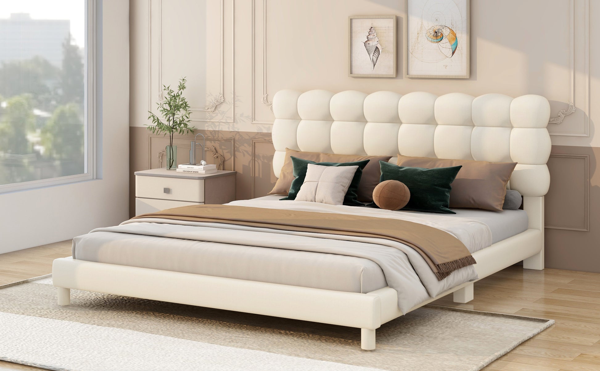 Full Size Upholstered Platform Bed With Soft Headboard,Beige Full Beige Upholstered