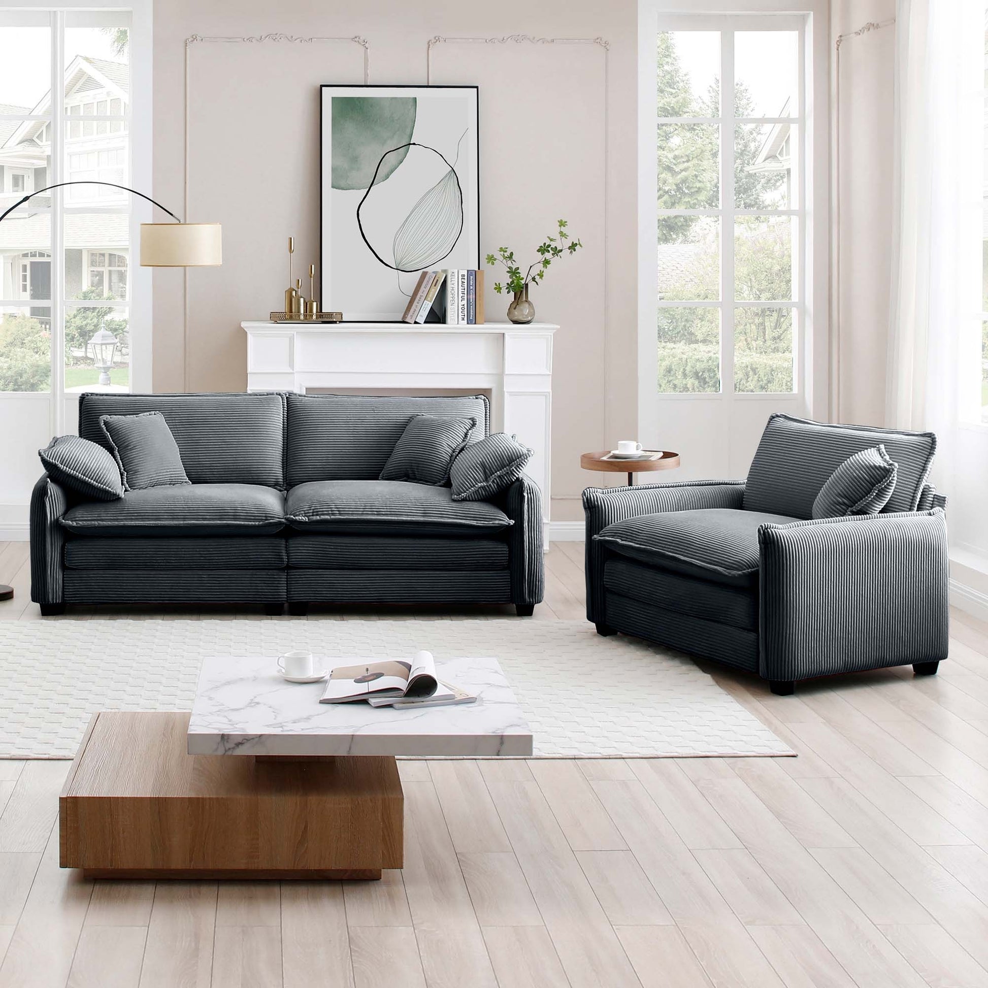 Modern Living Room Sofa Two Pieces Set, Suitable For Living Room And Small Apartment2 Pieces Sofa Set Consists Of A Single Seat Sofa And A 2 Seater Sofas,Grey Corduroy Grey Corduroy 3 Seat