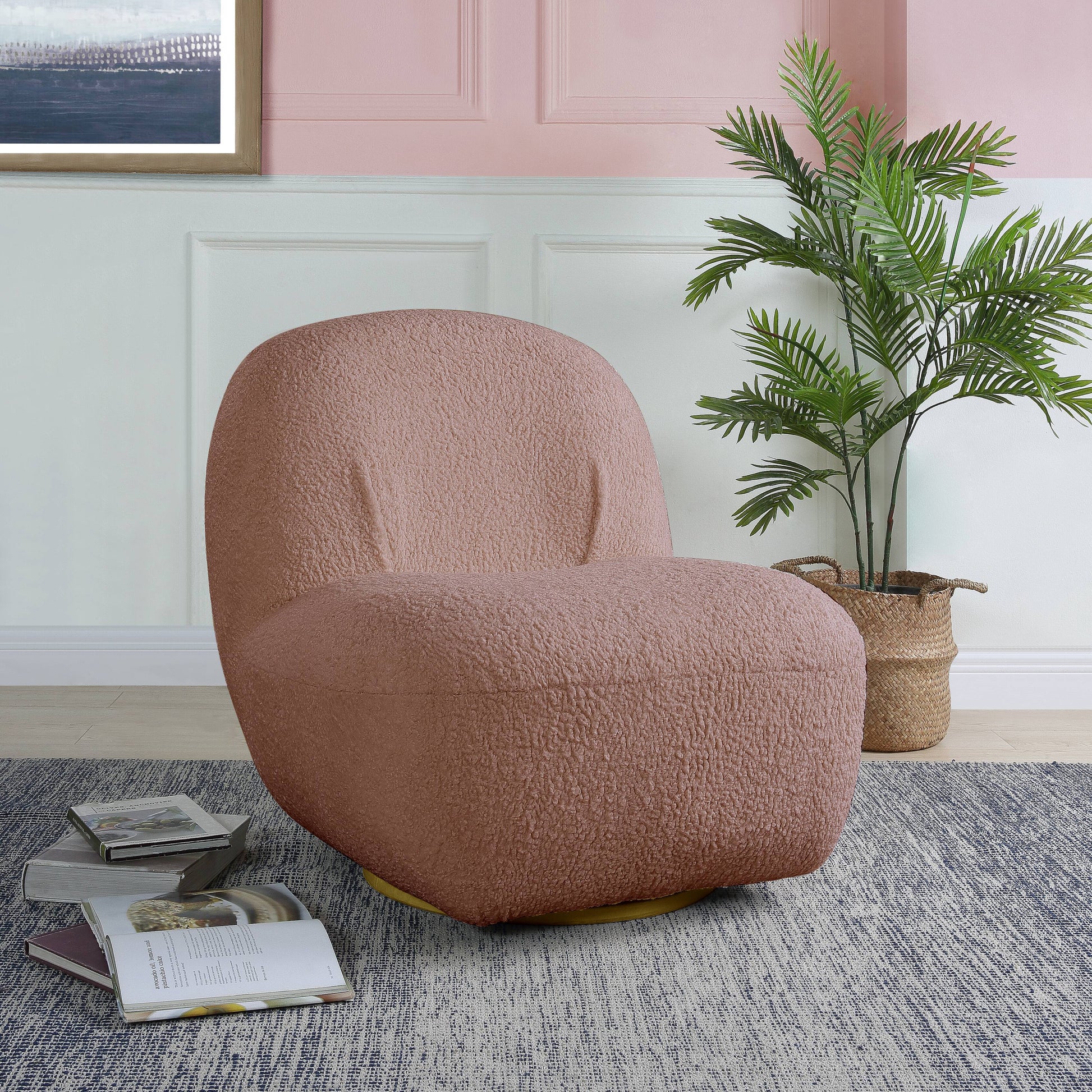 Pink Swivel Accent Chair Pink Primary Living Space Modern Wood Fabric