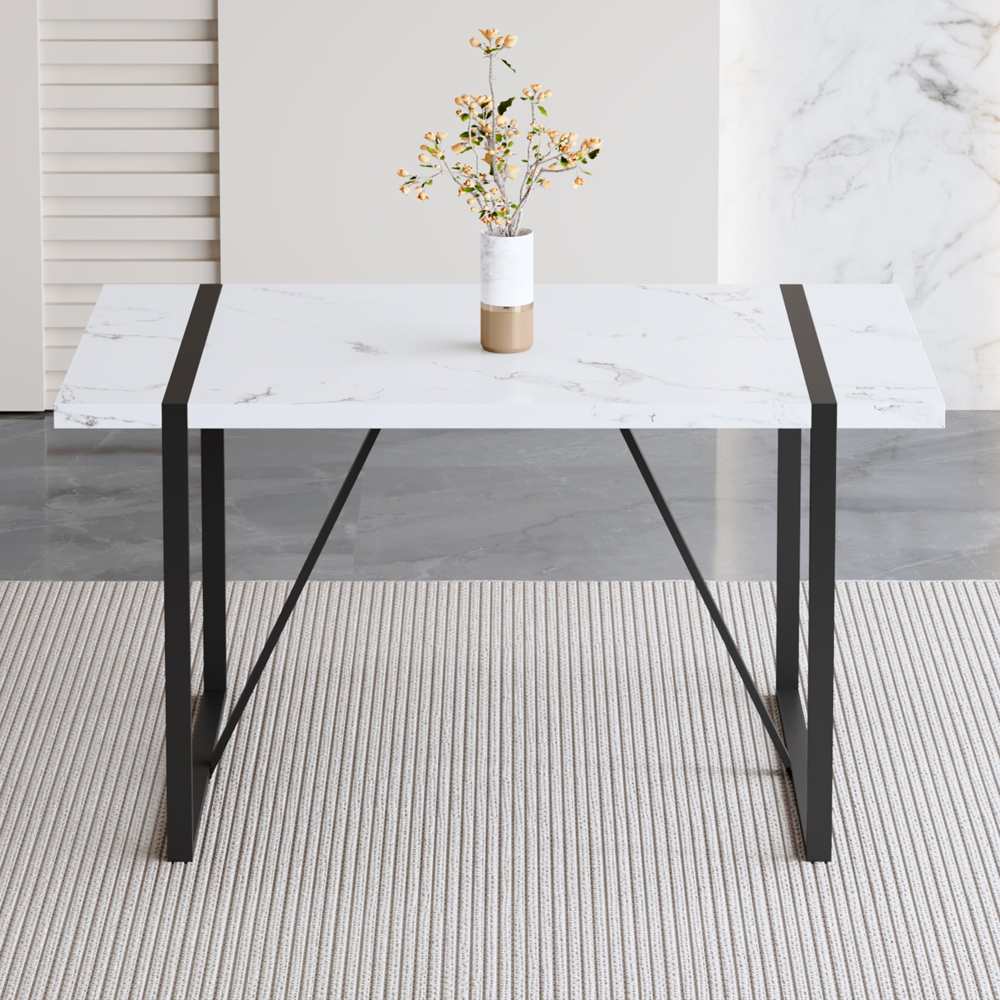 Industrial Rectangular Mdf White Pattern Dining Table For 4 6 People With 1.5 Inch Thick Mdf Top And Black Metal Legs For Desks, Kitchens, Patios, Dining Rooms White Mdf