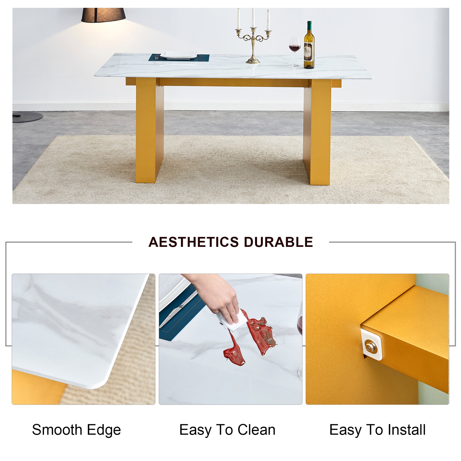 Table And Chair Set.Large Modern Rectangular Table With 0.4 Inch Patterned Glass Tabletop And Large Mdf Table Legs.Comes With 6 Chairs With Faux Leather Cushioned Seats And Golden Metal Legs. Gold White Seats 6 Mdf Glass