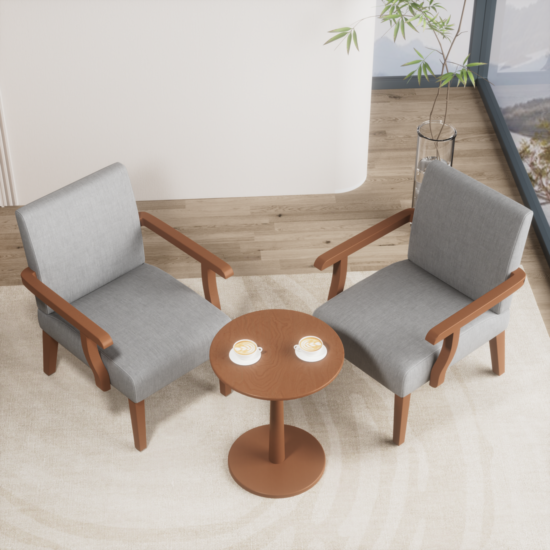 Fabric Accent Arm Chair Set Of 2 With Round Wood Table Light Gray Fabric