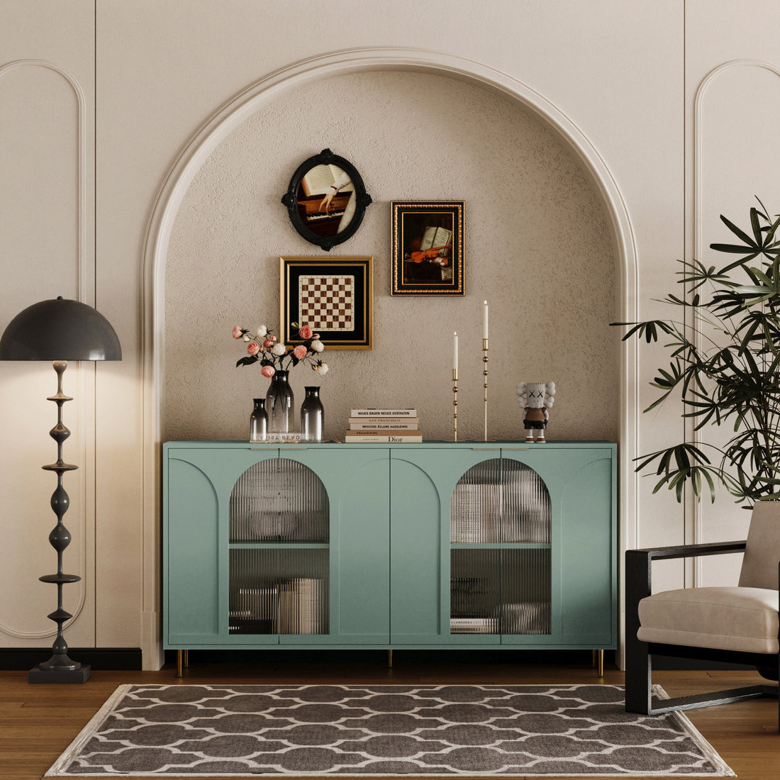 Accent Cabinet Lacquered Wooden Cabinet With 4 Glass Doors Sideboard Buffet Server Cabinet Storage Cabinet, For Living Room, Entryway, Hallway, Office, Kitchen And Dining Room, Mint Green Lacquered