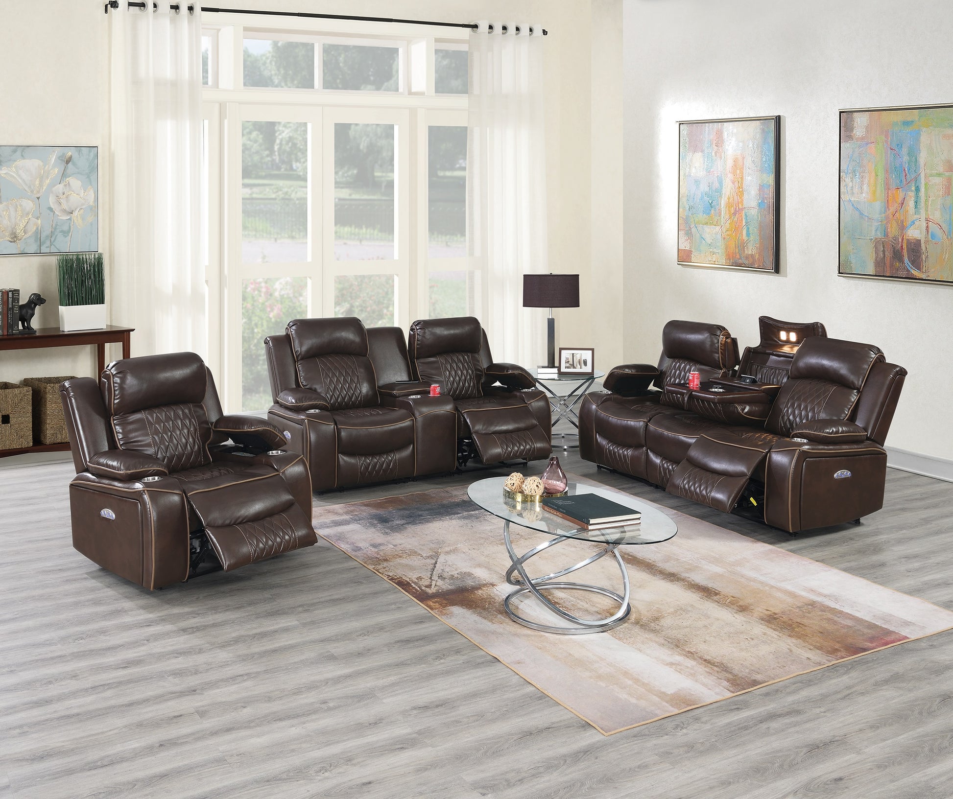 Power Motion Sofa 1Pc Contemporary Brown Color Gelstorage Arms W Cup Holder Living Room Furniture Brown Faux Leather Primary Living Space Cushion Back Contemporary,Modern Pillow Top Arms Metal & Wood 3 Seat