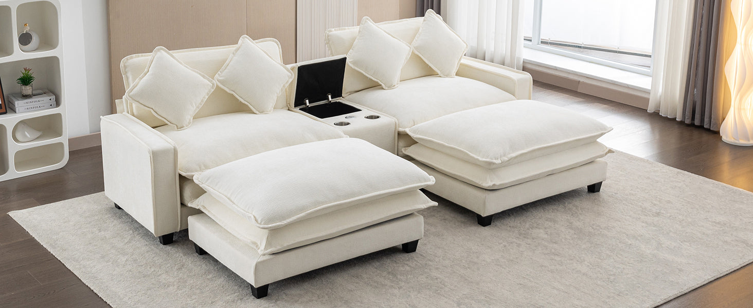 112.6" Sectional Sofa Chenille Upholstered Sofa With Two Removable Ottoman, Two Usb Ports, Two Cup Holders And Large Storage Box For Living Room, Beige Beige Foam Chenille 2 Seat