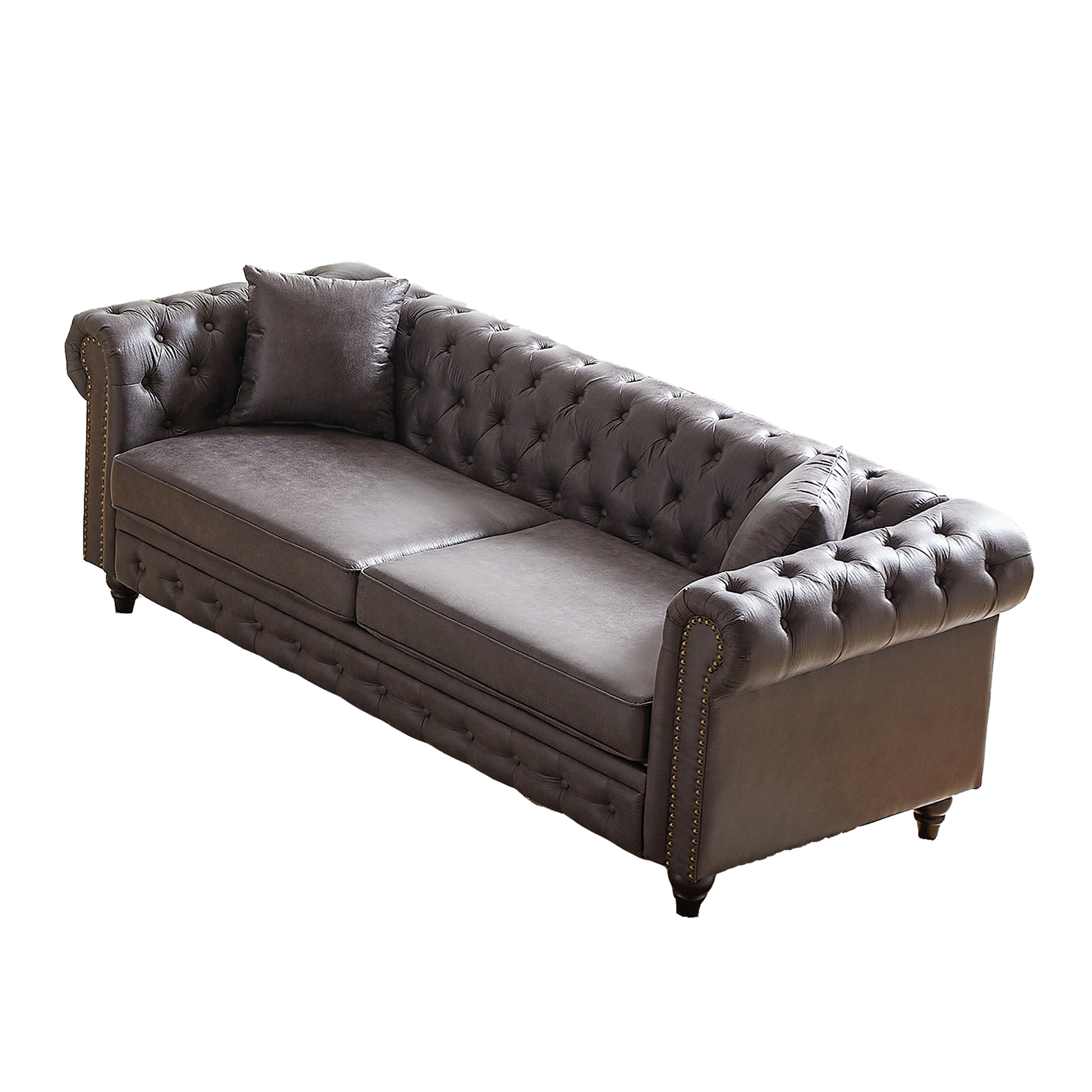 Fx 85.5"Living Room With Tech Fabric Chesterfield Sofa With Rolled Arms 3 Seater Sofa With Button Design And 2 Cushions For Apartment, Office, Living Room Grey Wood Primary Living Space Pine Foam Fabric 3 Seat