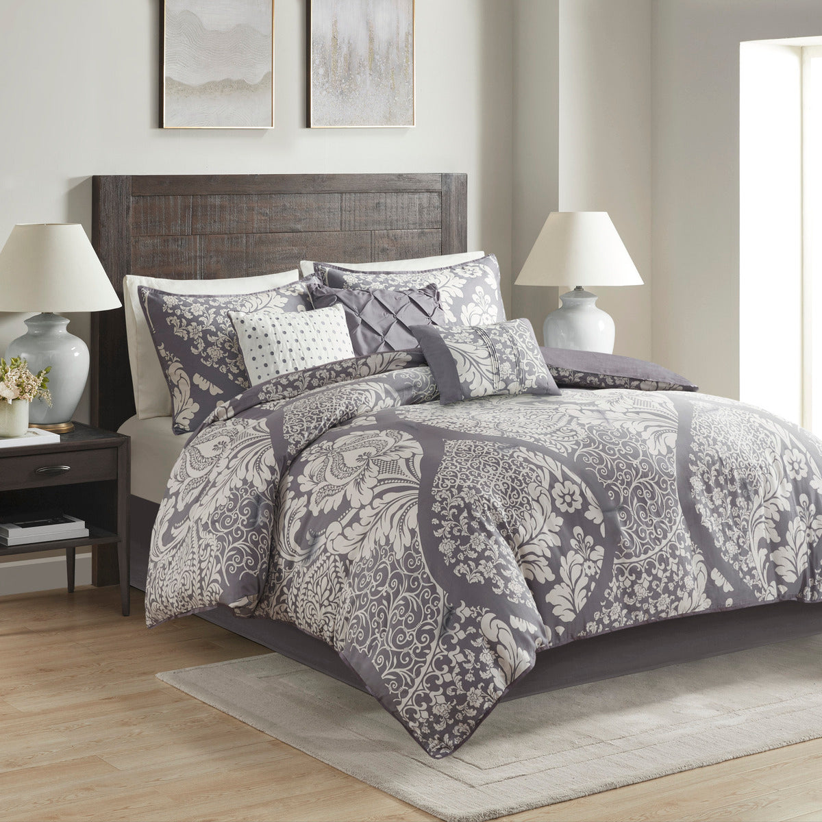 7 Piece Cotton Printed Comforter Set Grey Cal King California King Grey Polyester