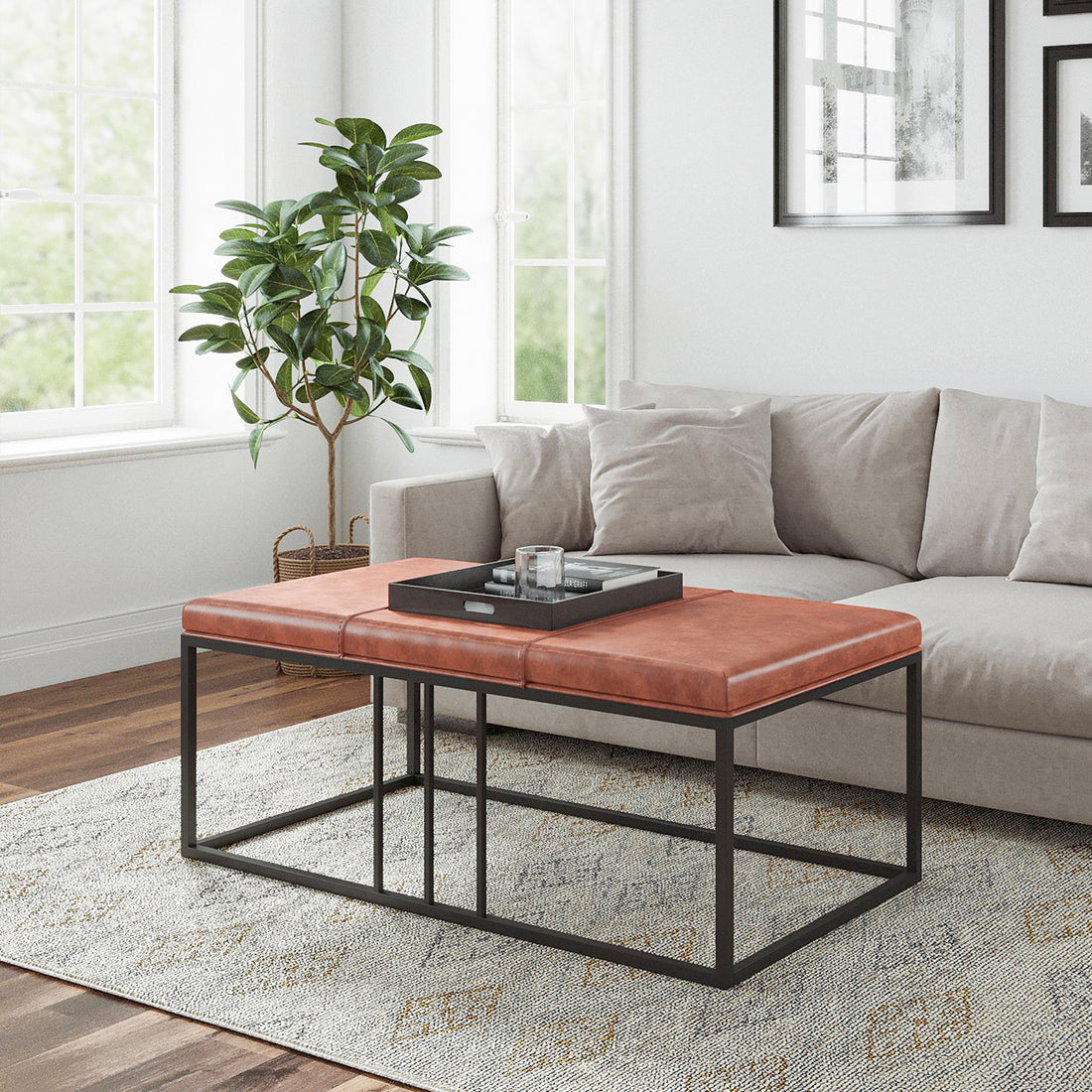 Riley Indoor Brown Faux Leather Multi Function Entry Bench Table Brown Black Foam Metal
