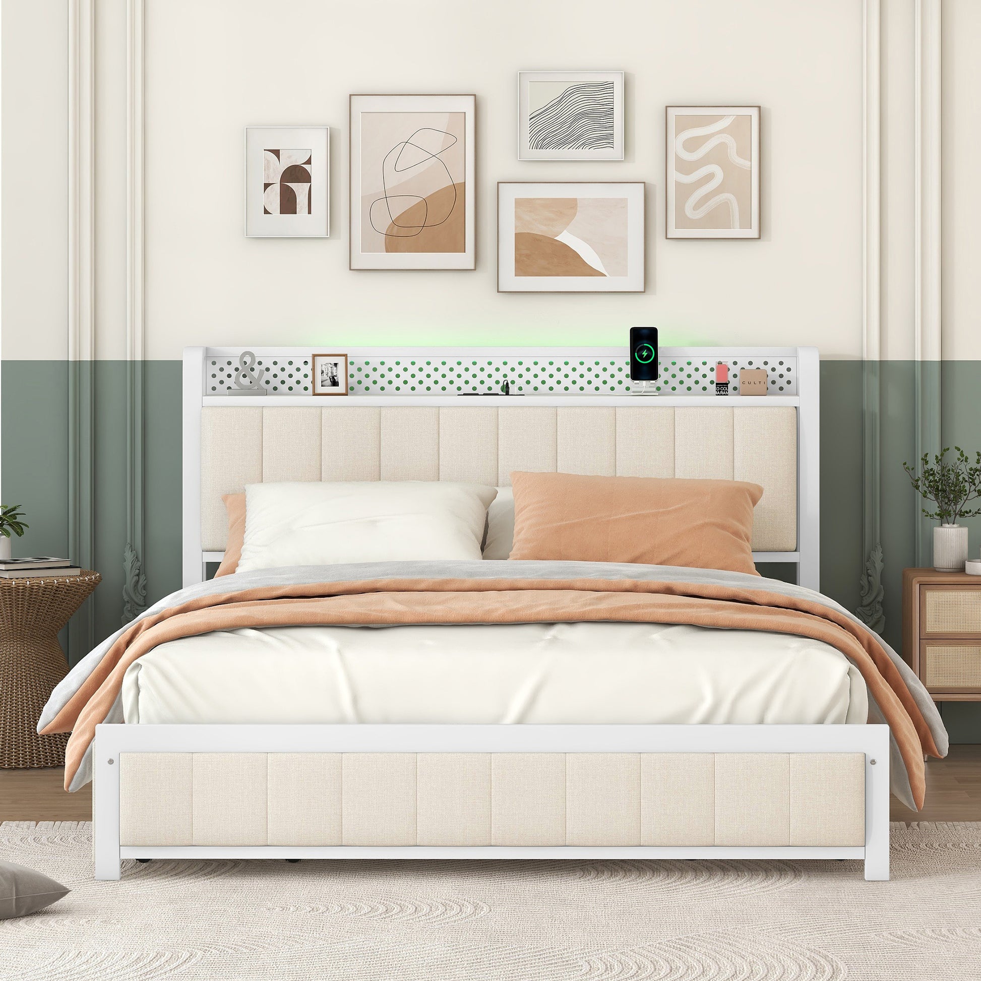 Queen Bed Frame With Led Headboard, Upholstered Bed With 4 Storage Drawers And Usb Ports, Beige Queen Beige Linen