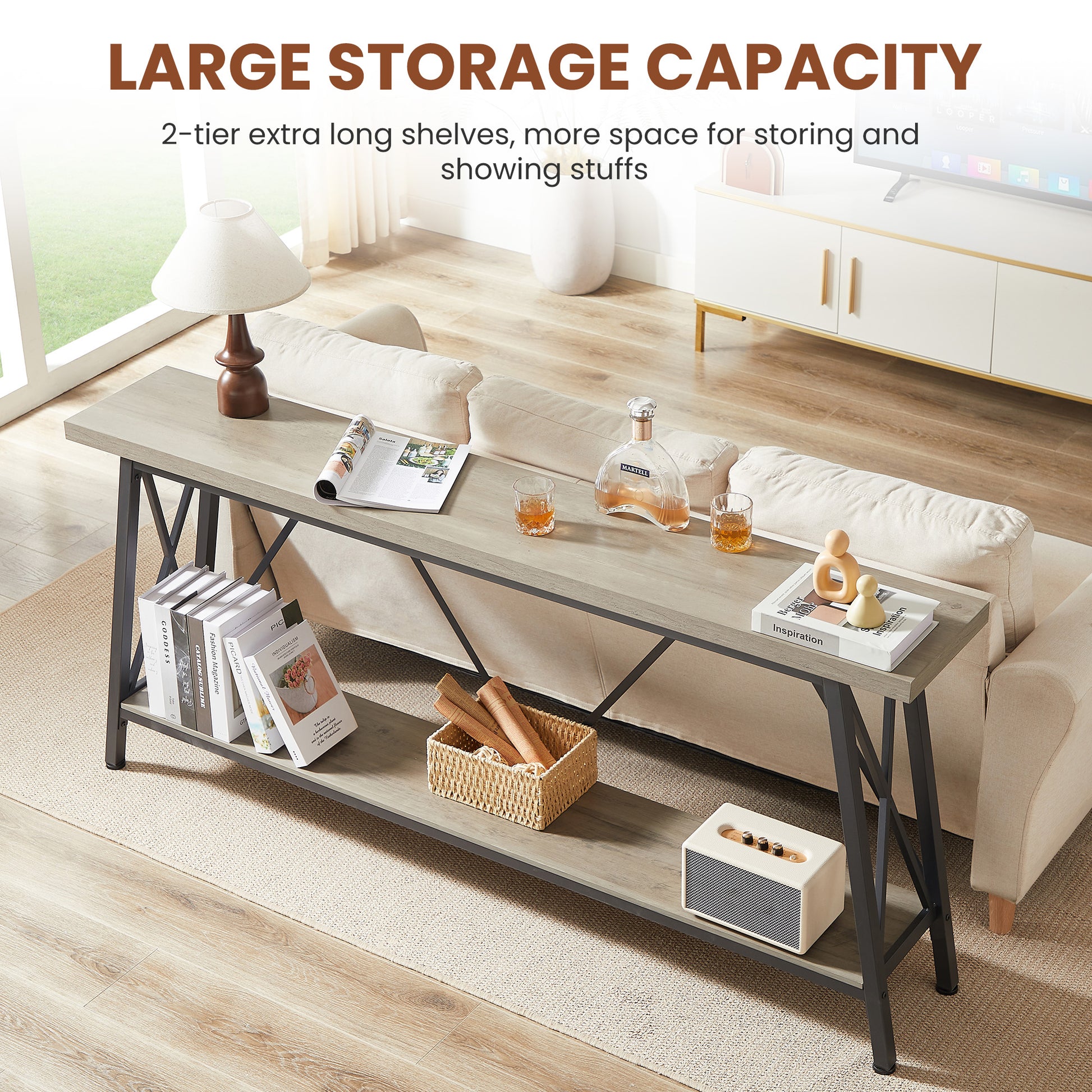 70.9 Inch Extra Long Sofa Table, Console Behind Sofa, Entryway Table With 2 Tier Storage Shelves For Hallways, Living Rooms,Foyers,Entryways,Banquet Rooms,Rustic Gray And Black, 70.9 L X 11.8"W X