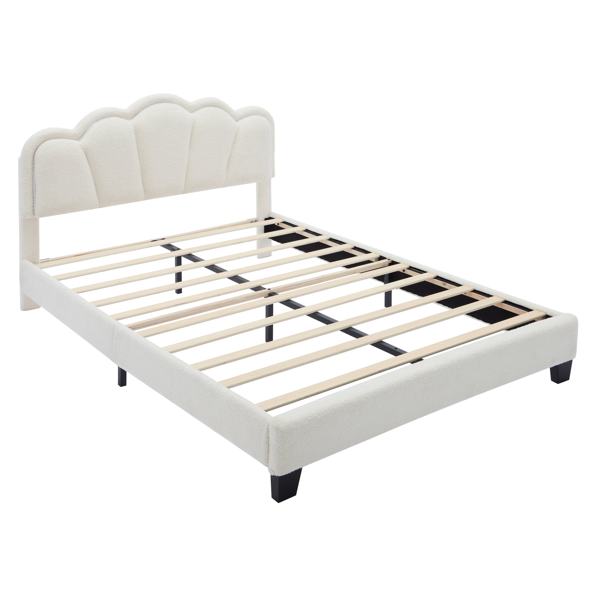 2 Pieces Bedroom Sets Full Size Flower Shaped Upholstered Led Platform Bed With Storage Ottoman Sherpa Fabric, White Full White 2 Piece Set Wood