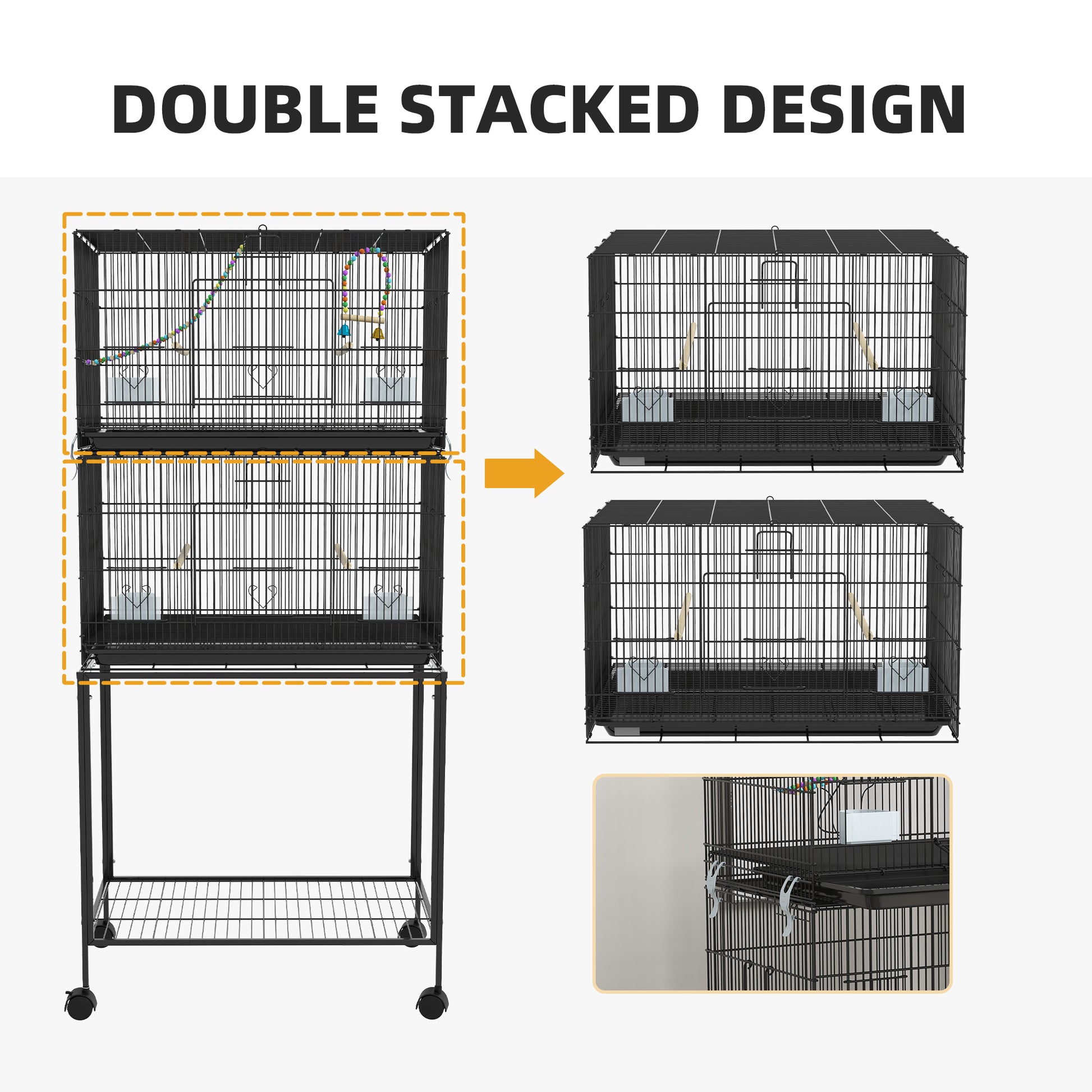 Pawhut Double Stackable Bird Cage With Stand, Wooden Swing, Rope Ladder & Wheels For Canaries, Lovebirds Finches, Budgie Cage With Storage Shelf, Removable Tray, Wooden Perches & Food Containers Black Steel