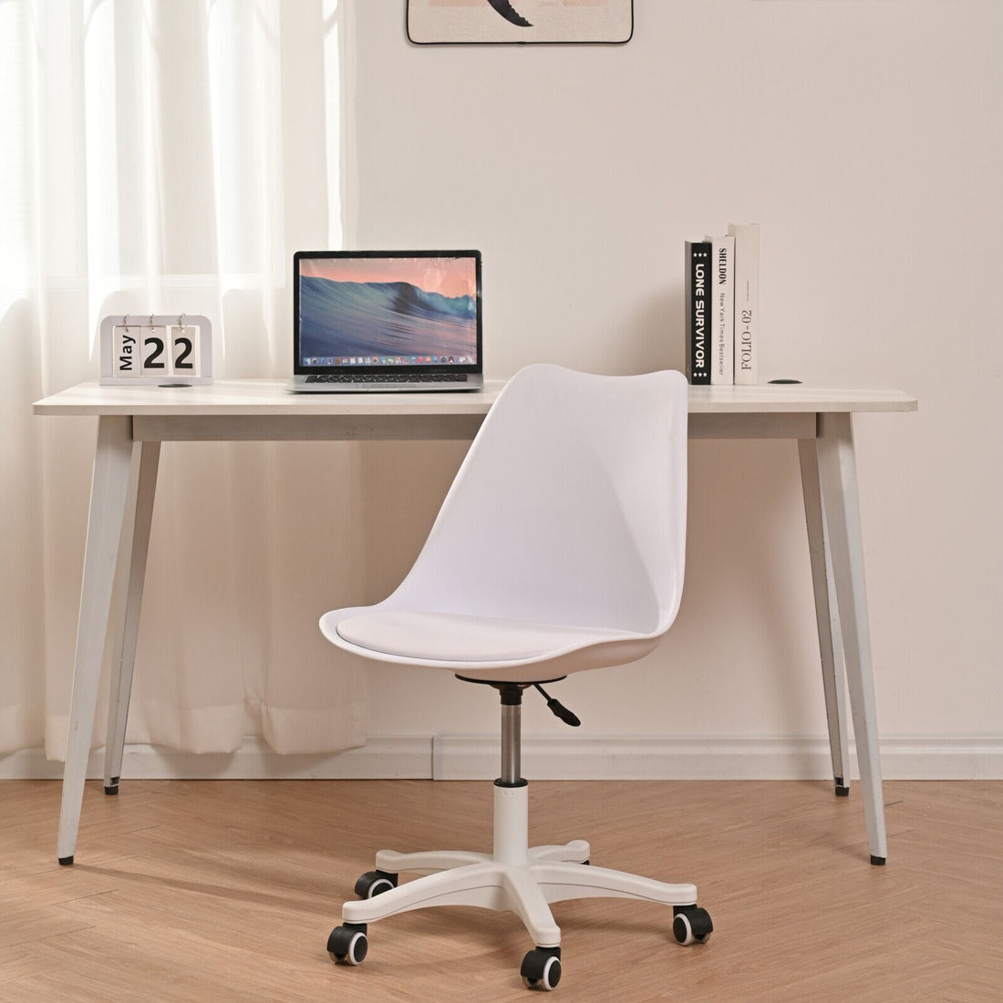Armless Office Chair,Ergonomic Small Computer Desk Chair With Wheels,Adjustable Rolling Chair, Support Swivel Task Chair For Small Spaces Living Room,Bedroom White White Pu Office Rectangular Modern Handle Solid Back Polypropylene
