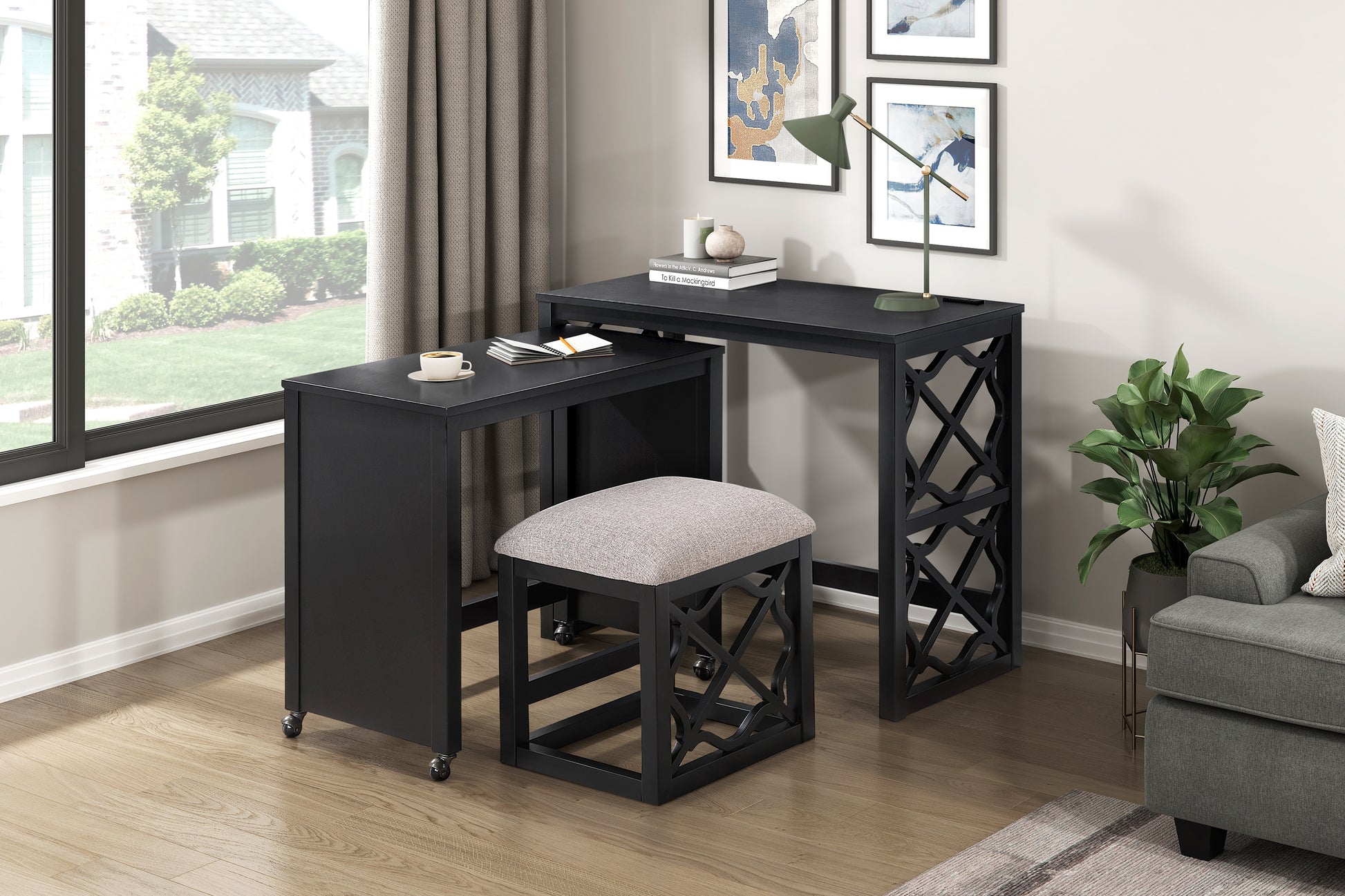 Desks And Stool Set 3Pc Black Finish Rolling Desk With Casters, 2 Charging Ports Home Office Furniture Black Primary Living Space Contemporary Desk Rectangular Wood