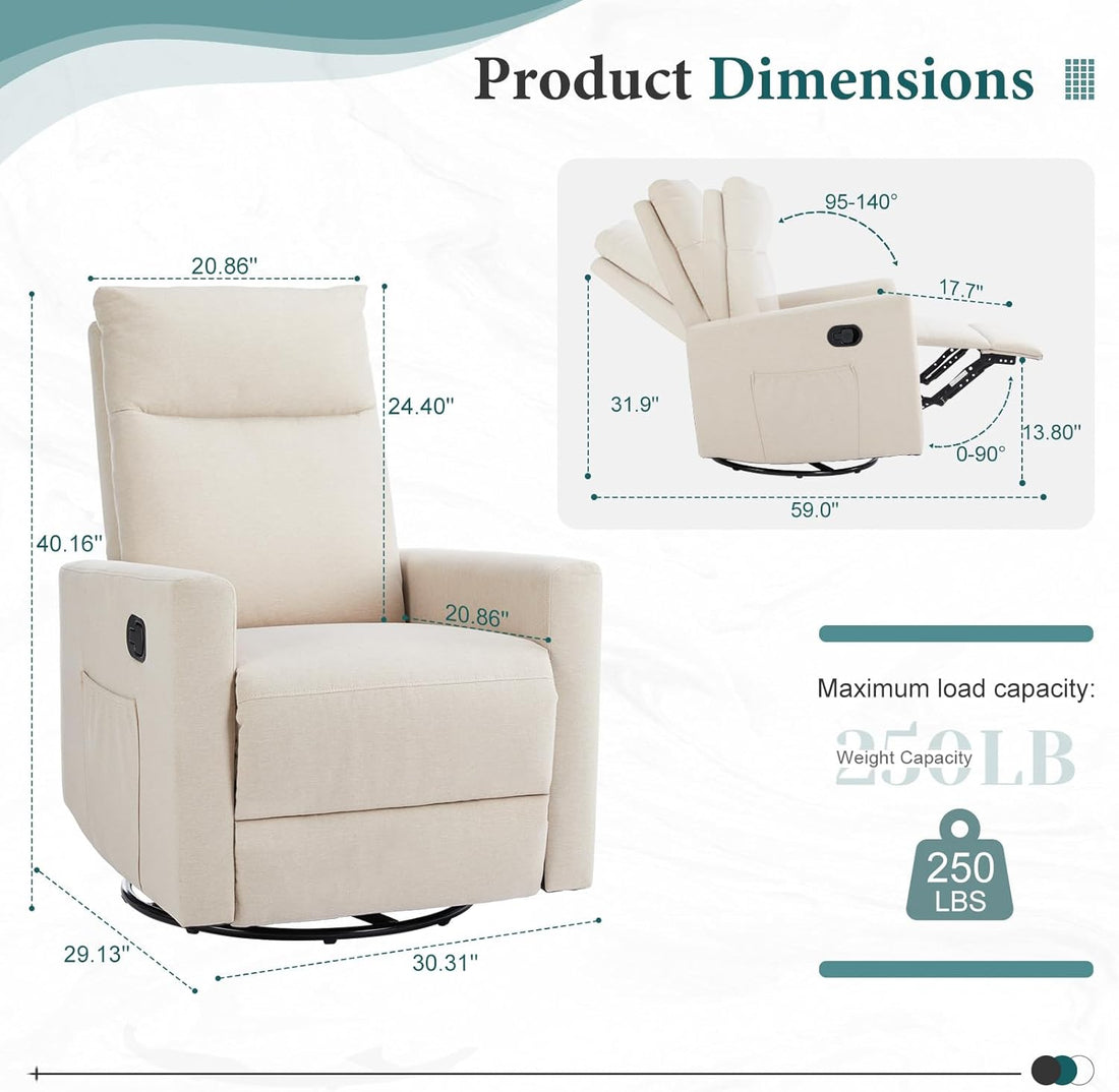 Swivel Rocking Chair, 360 Swivel Recliner Chairs For Bedroom, Office, Glider Nursery Chair For Bedroom Room, Faux Leather Reclining Sofa With Large Footrest, Beige Beige Metal