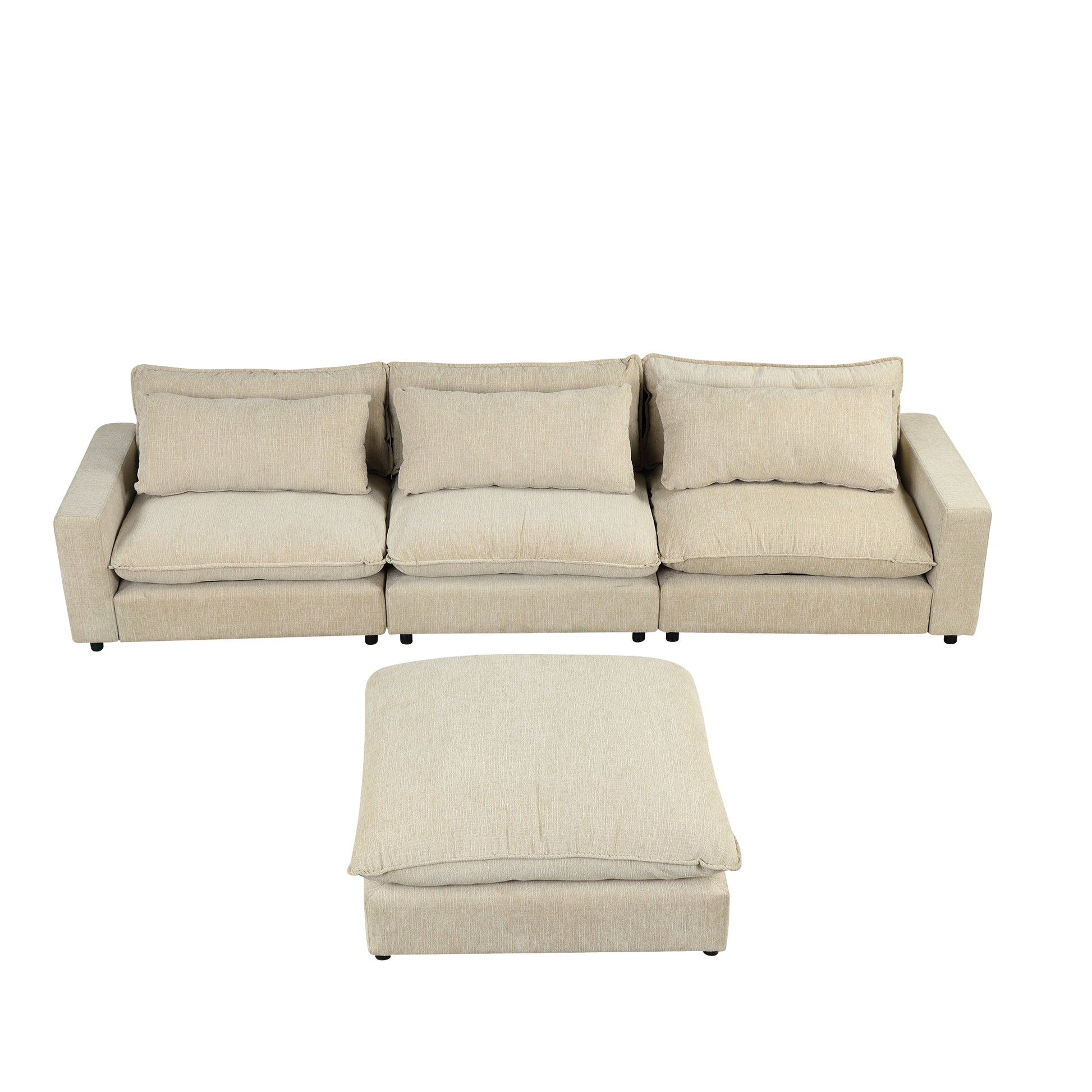 128" Sectional Sofa Cloud Sofa Chenille Upholstered Sofa Couch With Movable Ottoman, Comfortable Seat Cushions, Charging Ports And Three Back Pillows For Living Room, Beige Beige Foam Chenille 4 Seat
