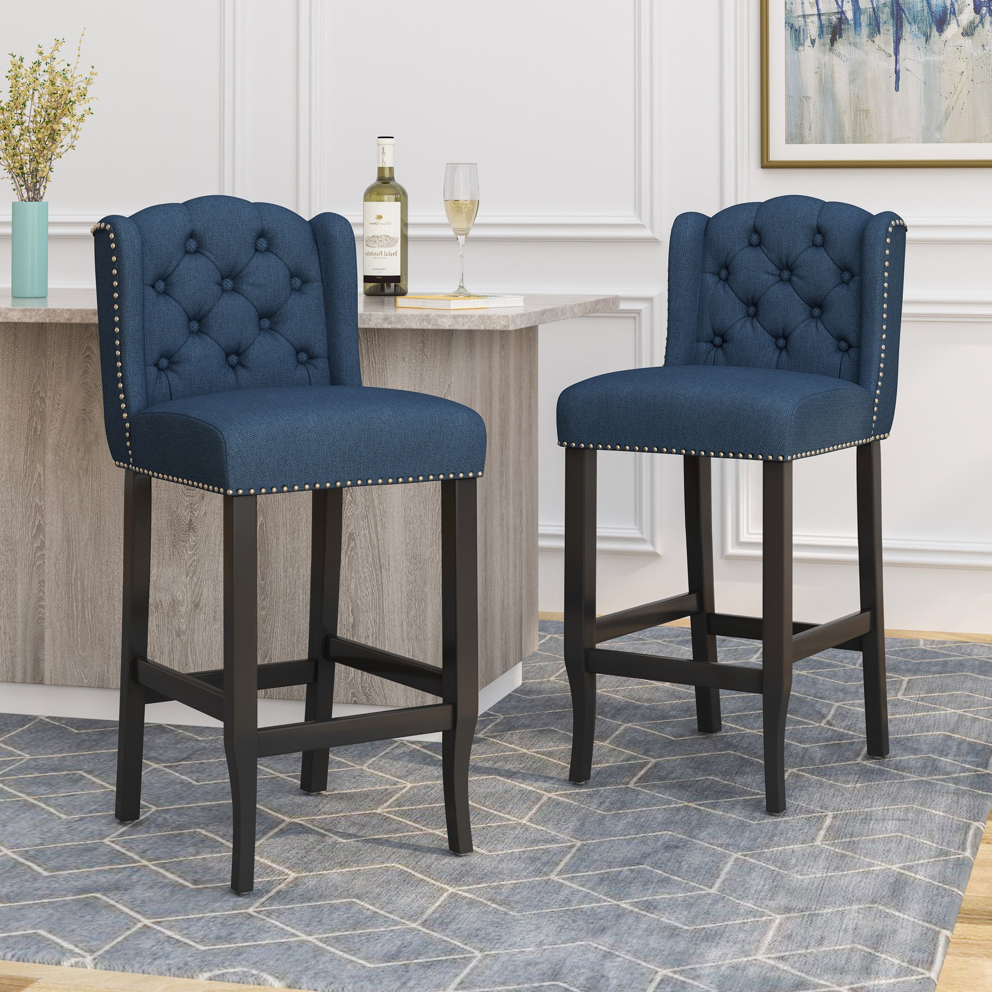 Vienna Contemporary Fabric Tufted Wingback 31 Inch Counter Stools, Set Of 2, Navy Blue And Dark Brown Navy Blue Fabric