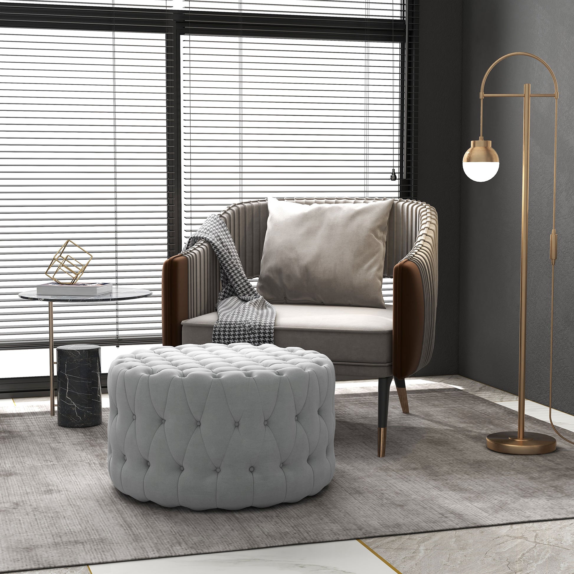 Homcom Button Tufted Ottoman Foot Stool With Velvet Feel Upholstery, Gray Light Gray Polyester
