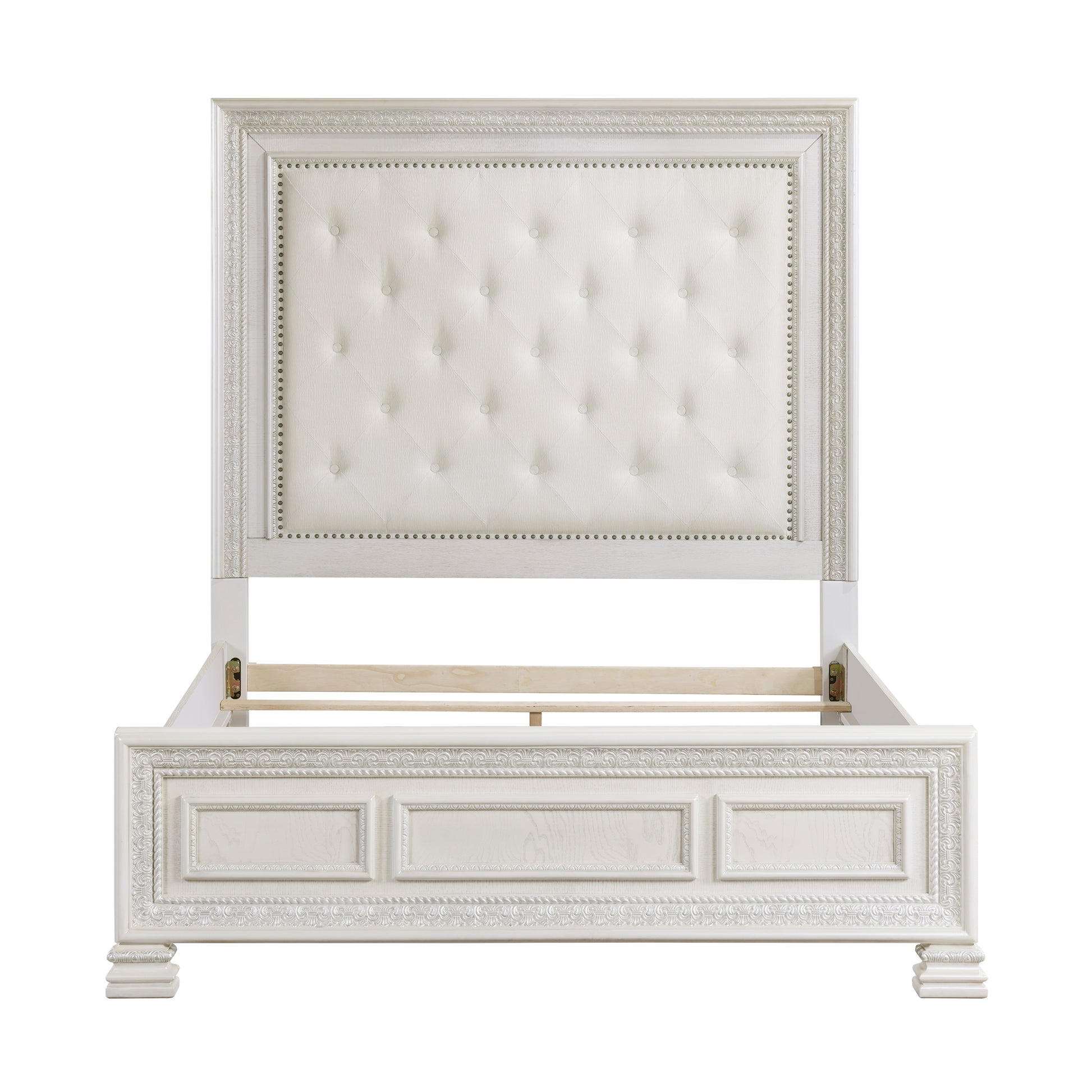 Classic Luxury Pearl White Finish King Bed Button Tufted Upholstered Headboard Bedroom Furniture 1Pc, Dart Molding Design Panels Box Spring Required King White Wood Bedroom Bed Frame Polyester Wood