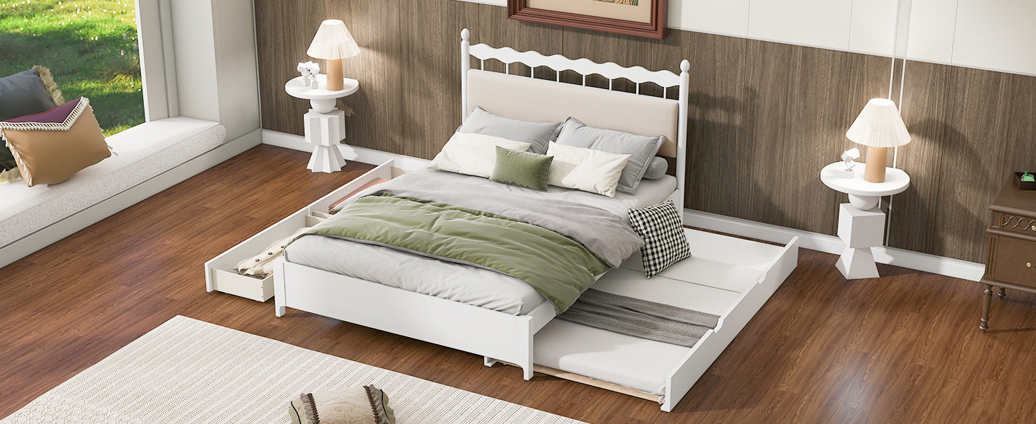 Queen Size Wooden Storage Platform Bed, With 2 Big Drawers, T Size Trundle, White Queen White Plywood
