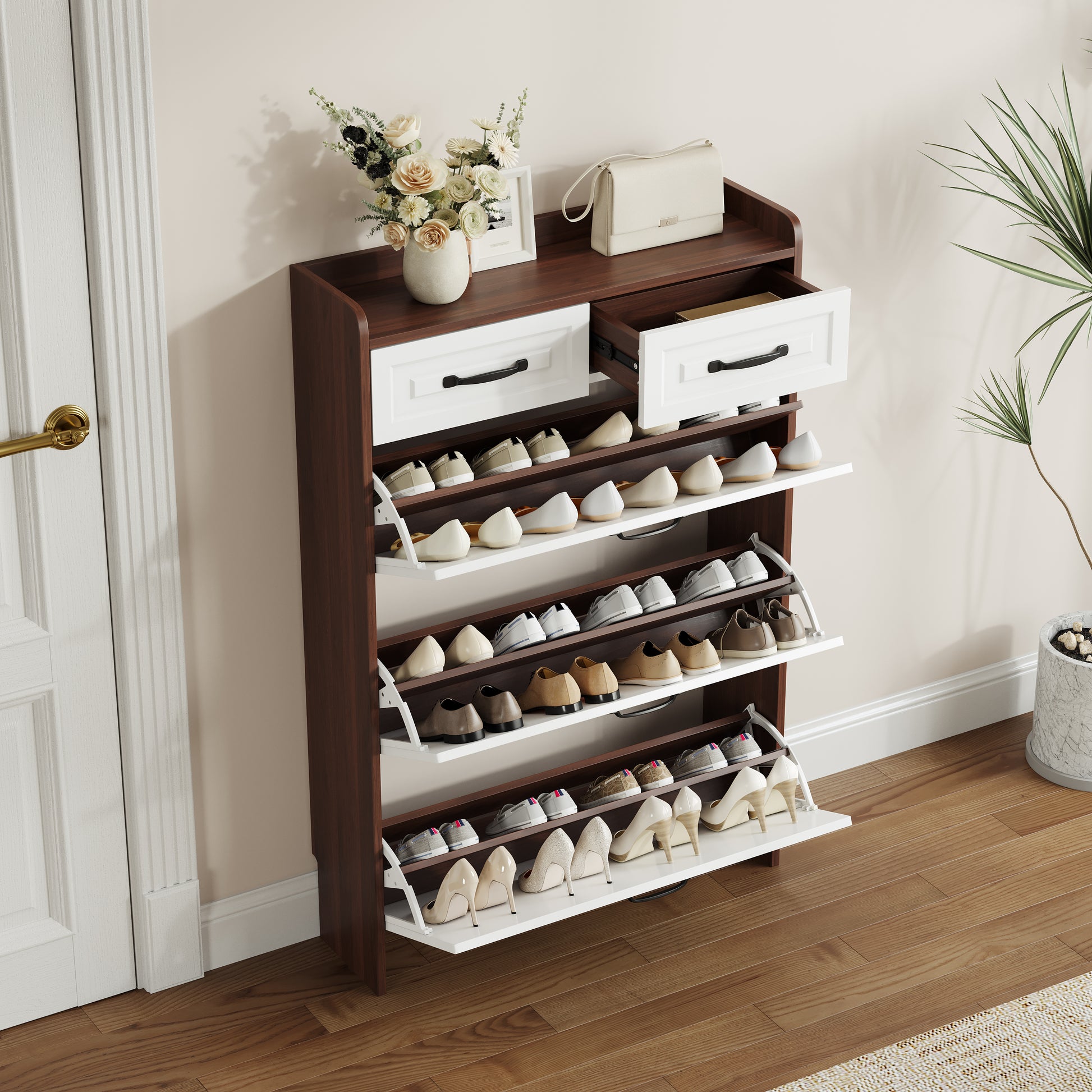 1250 Walnut Colored Shoe Cabinet, 3 Doors And 2 Drawers, Pvc Door Design, Large Storage Space Freestanding Walnut Primary Living Space Adjustable Shelves Classic Wood Particle Board Mdf