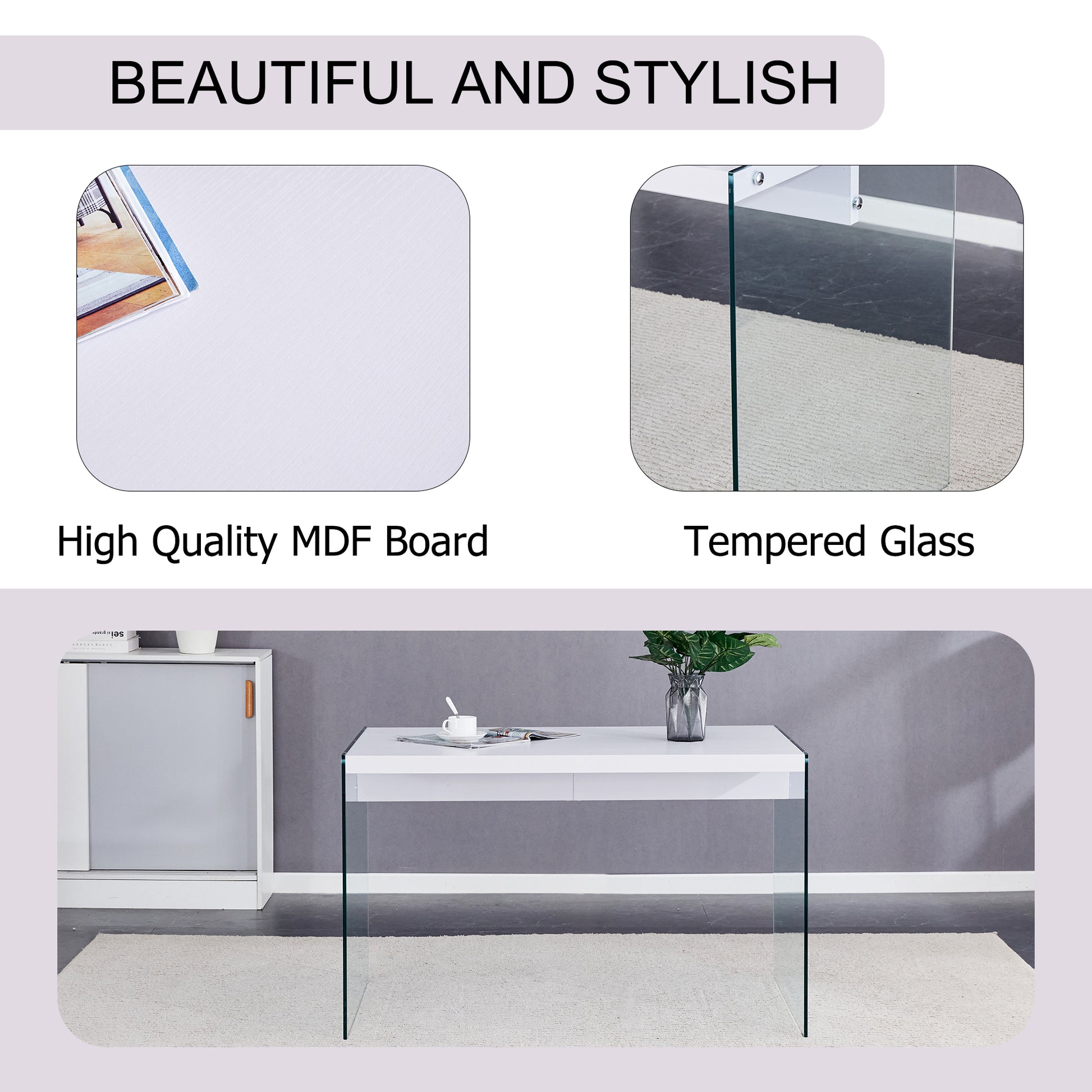 The Top Of The Coffee Table Is Made Of Mdf And White Stickers, And The Sides Are Clear Tempered Glass. The Design Is Simple And Elegant, And The Structure Is Strong. White Mdf Glass