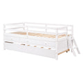Low Loft Bed Twin Size With Full Safety Fence, Climbing Ladder, Storage Drawers And Trundle White Solid Wood Bed White Solid Wood