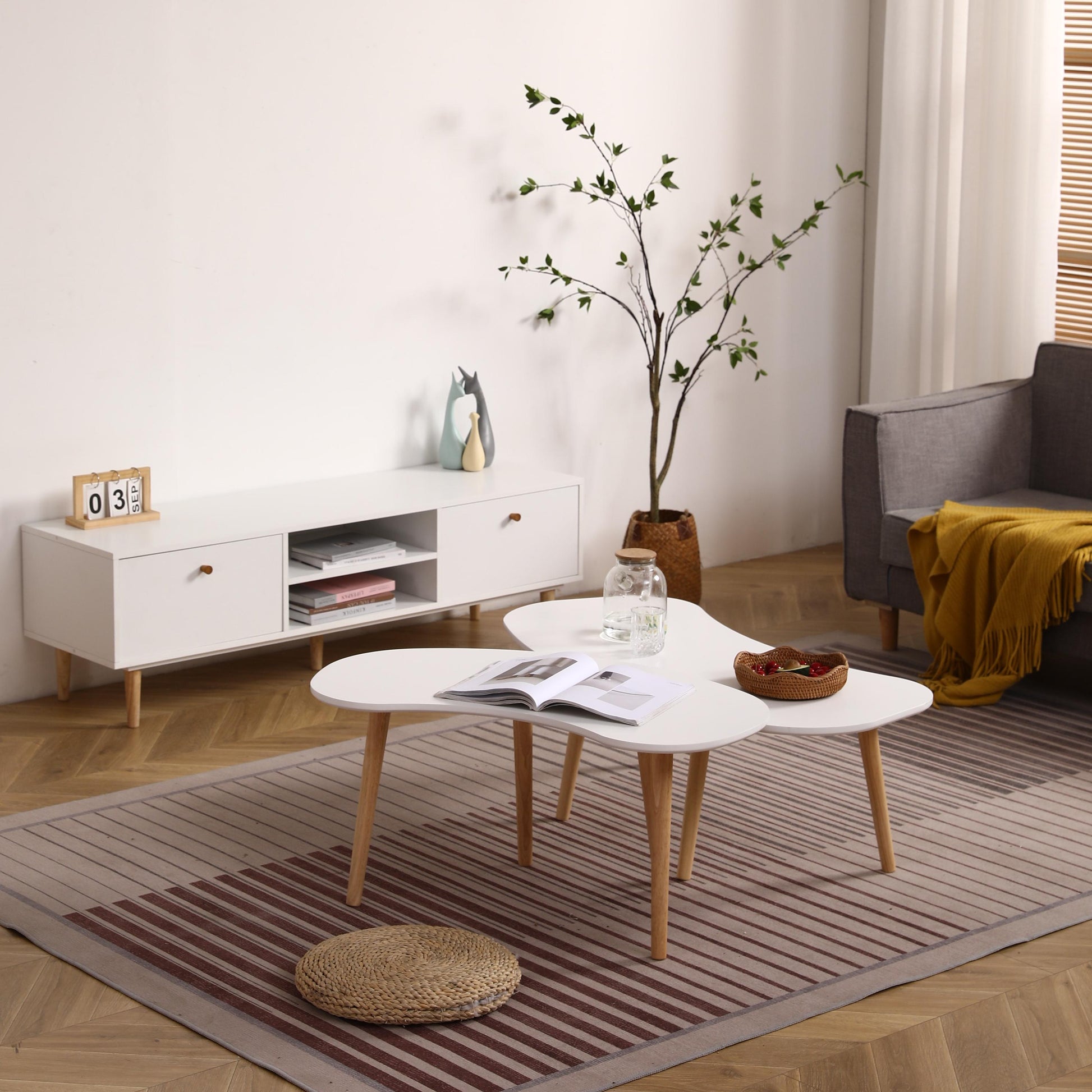 Nut Shaped Coffee Table With Solid Wood Legs 43X21 Inches White Oak Melamine