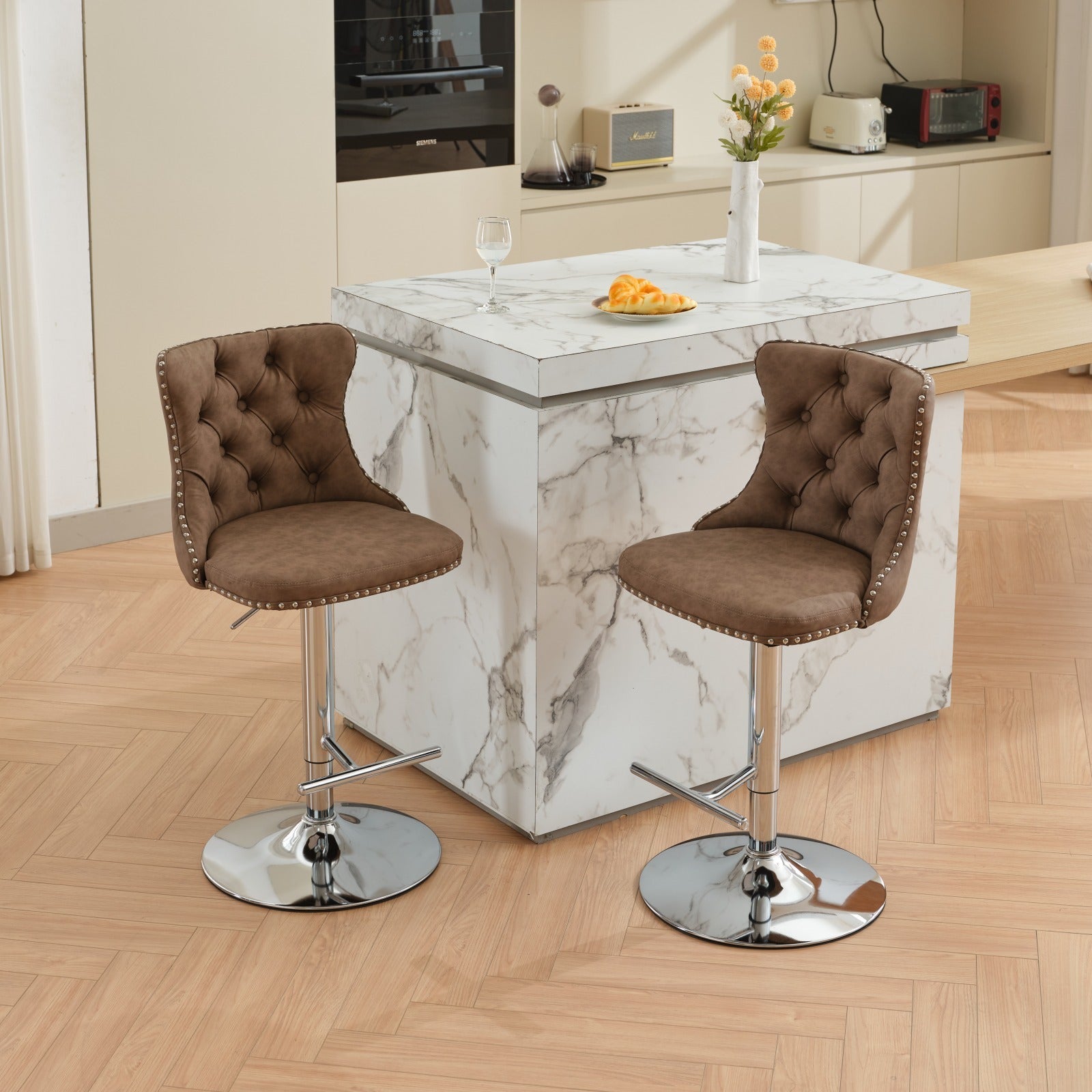 Swivel Pu Leather Barstools Adjusatble Seat Height From 25 33 Inch, Chrome Base Bar Stools With Backs Comfortable Tufted For Home Pub And Kitchen Island, Beige,Set Of 2,1512Br Brown Dining Room American Design Bar Stools Wing Back Set Of 2 Foam Pu