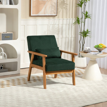Leisure Chair With Solid Wood Armrest And Feet, Leisure Chair, Wood Frame, Velvet, L, Solid Rubber Wood Legs, Mid Century Modern Accent Chair, For Living Room Bedroom Studio Chair Emerald Corduroy