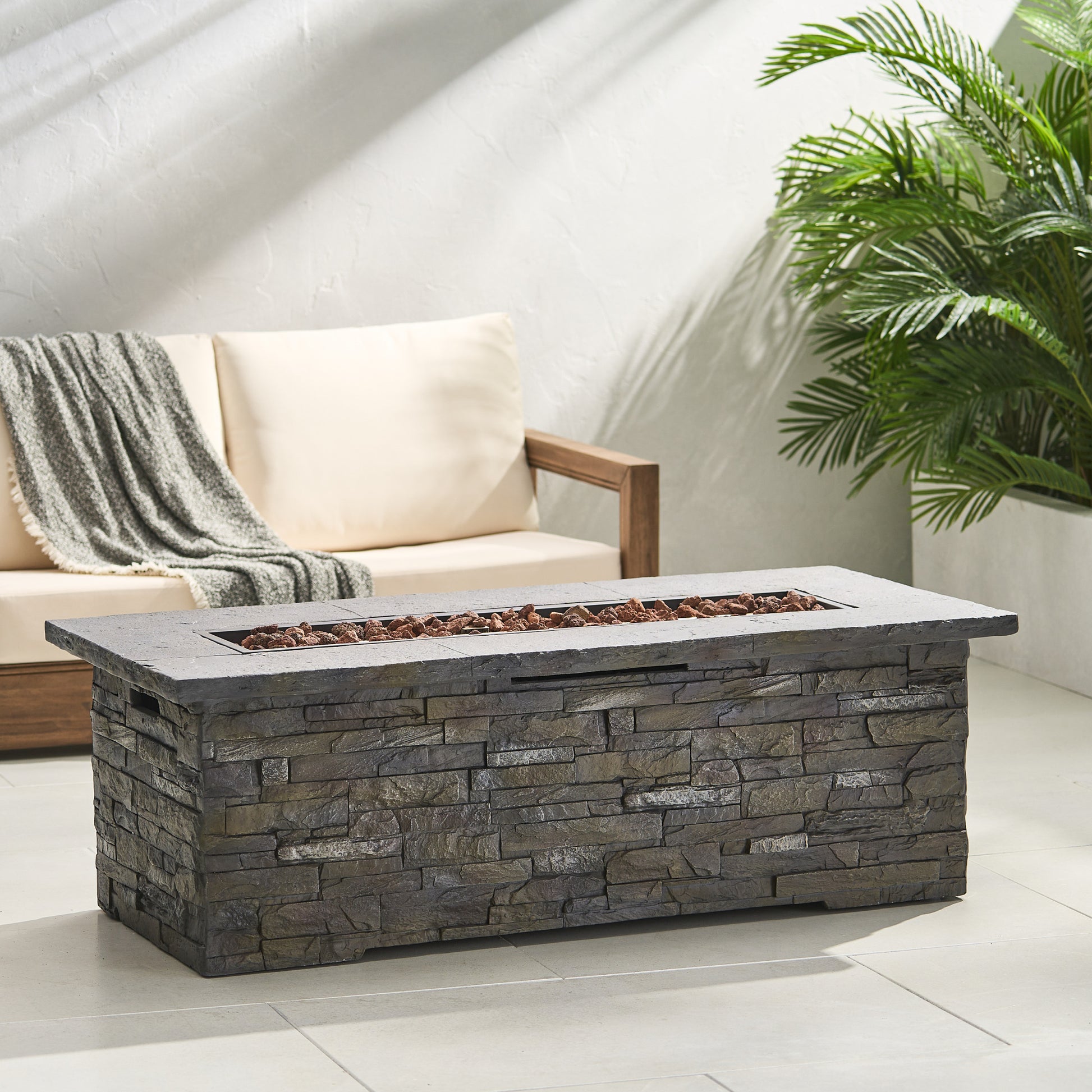 56" Outdoor 40,000 Btu Rectangular Mgo Concrete Propane Fire Pit, Stone Pattern Tank Cover Not Included Stone Gray Magnesium Oxide