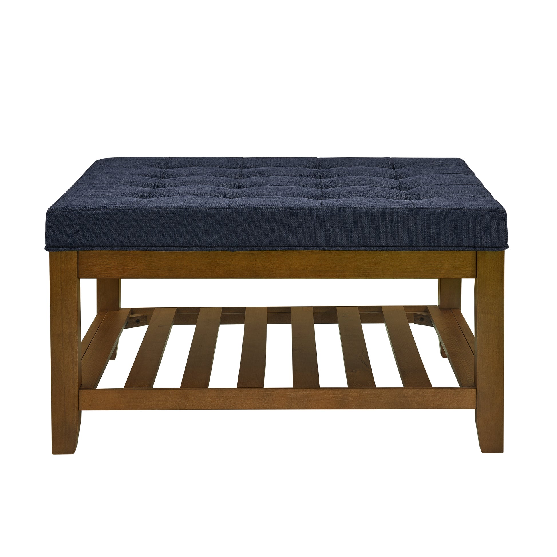 Upholstered Coffee Table Tufted Linen Large Square Ottoman With Beech Wood Shelf And Frame, Oversized Footrest Ottoman For Living Room, Navy Blue Light Brown Wood Primary Living Space Heavy Duty Beech Wood Navy Blue Linen Or Linen Blend Medium Firm